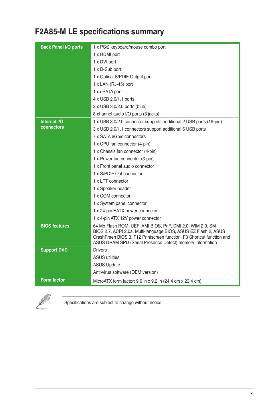 F2a85-m le specifications summary | Asus F2A85-M LE User Manual | Page 11 / 78