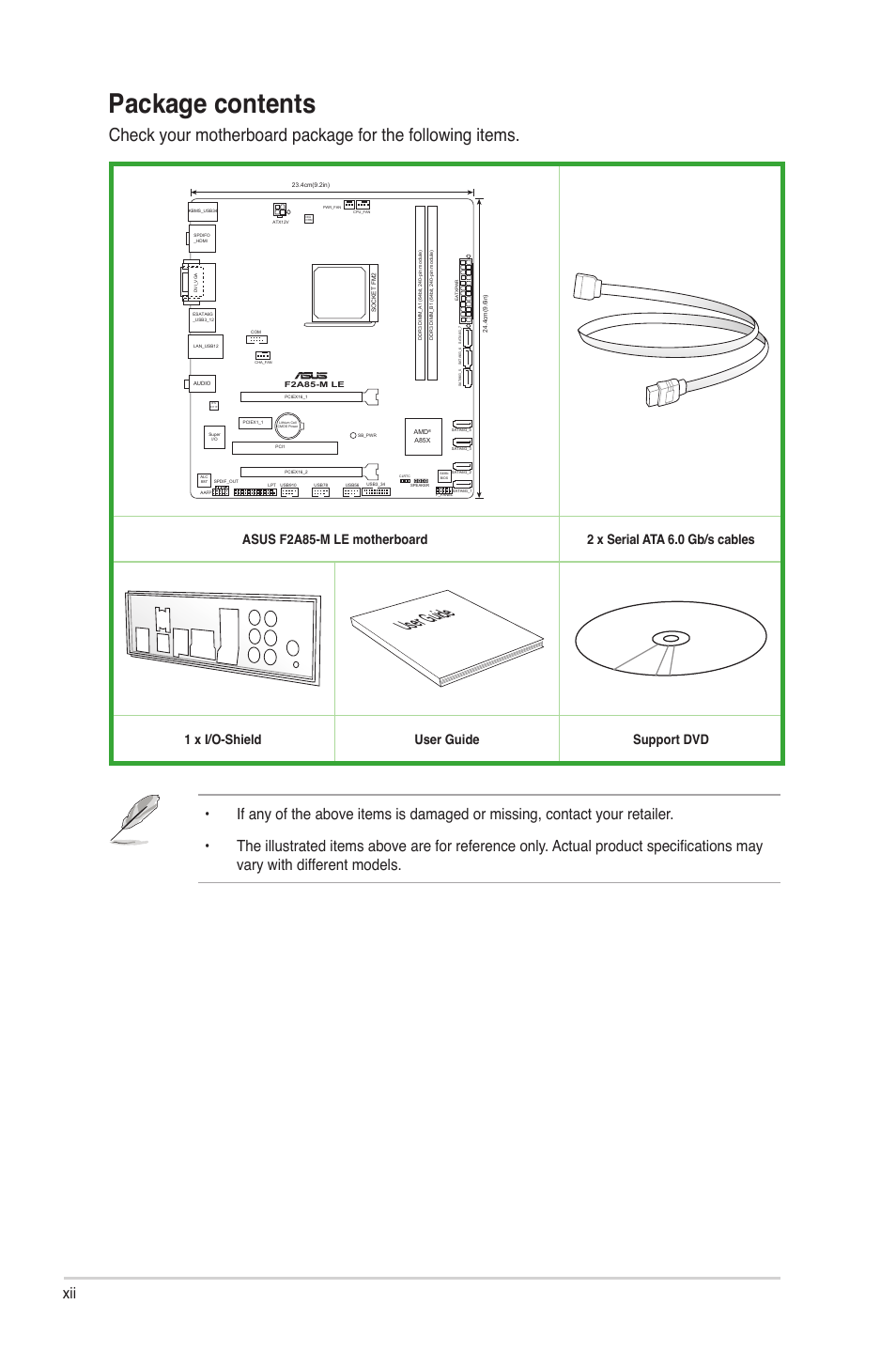 Package contents, User guide, 1 x i/o-shield user guide support dvd | Asus F2A85-M LE User Manual | Page 12 / 78