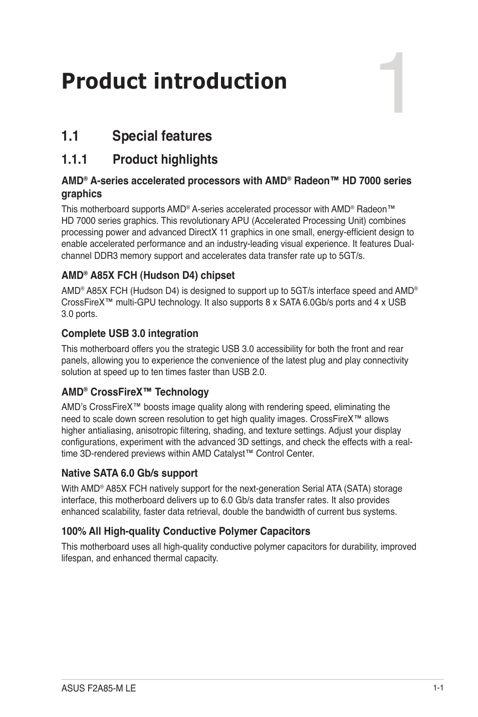 Chapter 1: product introduction, 1 special features, 1 product highlights | Product introduction, 1 special features -1, Product highlights -1 | Asus F2A85-M LE User Manual | Page 13 / 78