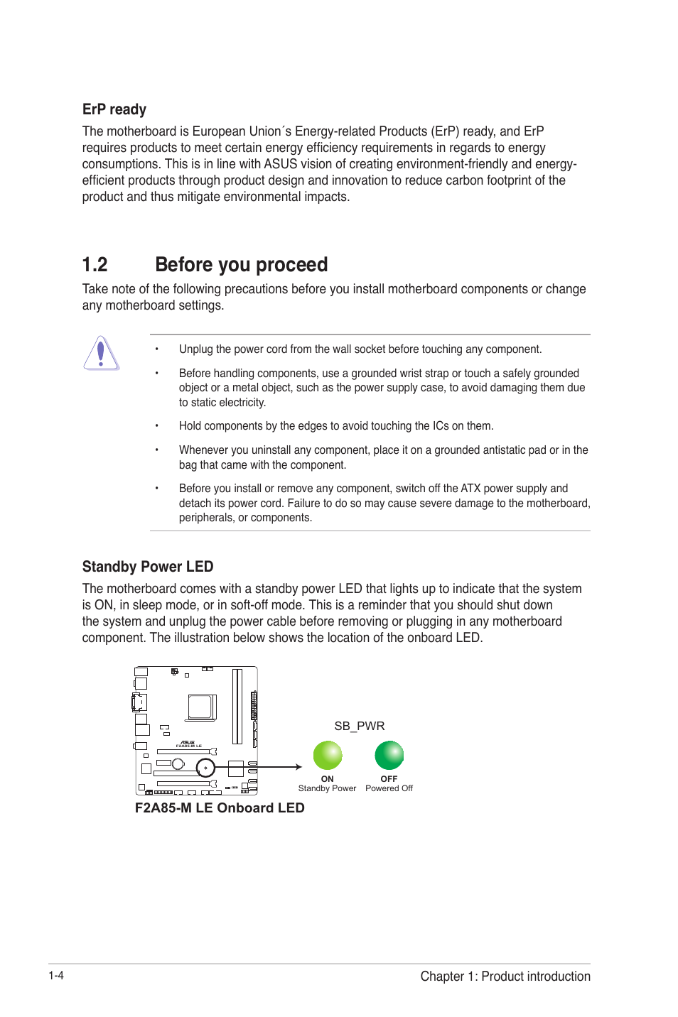 2 before you proceed, 2 before you proceed -4, Standby power led | Erp ready | Asus F2A85-M LE User Manual | Page 16 / 78