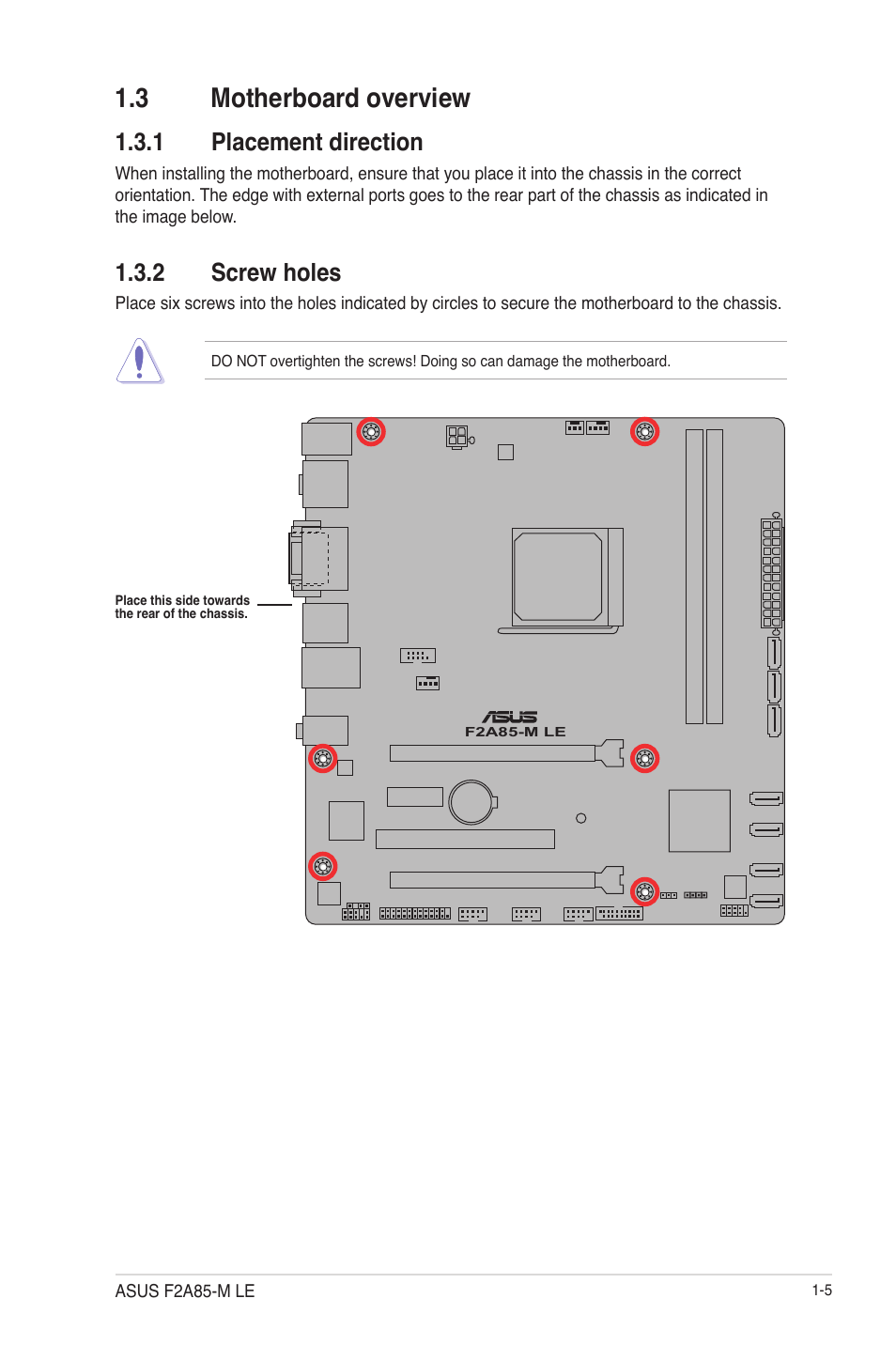 3 motherboard overview, 1 placement direction, 2 screw holes | 3 motherboard overview -5, Placement direction -5, Screw holes -5 | Asus F2A85-M LE User Manual | Page 17 / 78