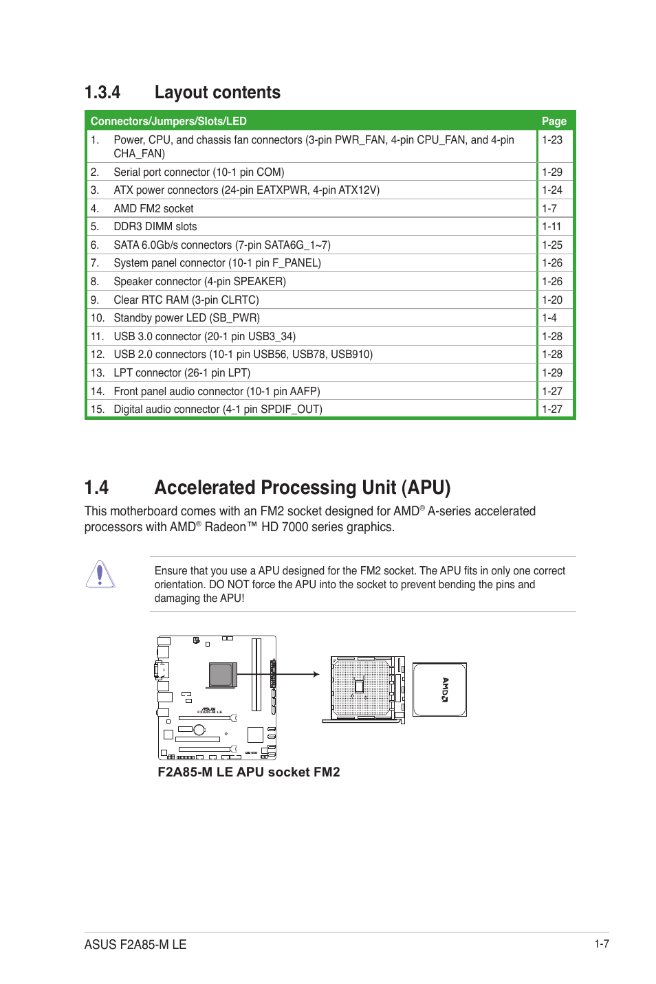 4 layout contents, 4 accelerated processing unit (apu), Layout contents -7 | 4 accelerated processing unit (apu) -7 | Asus F2A85-M LE User Manual | Page 19 / 78