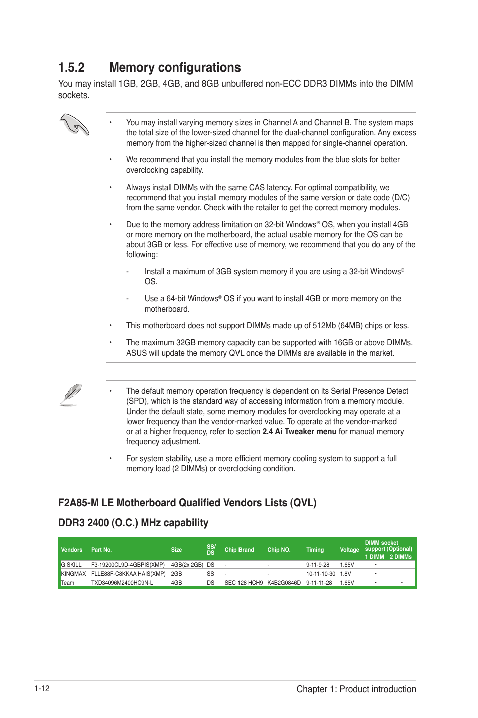 2 memory configurations, Memory configurations -12, Chapter 1: product introduction | Asus F2A85-M LE User Manual | Page 24 / 78