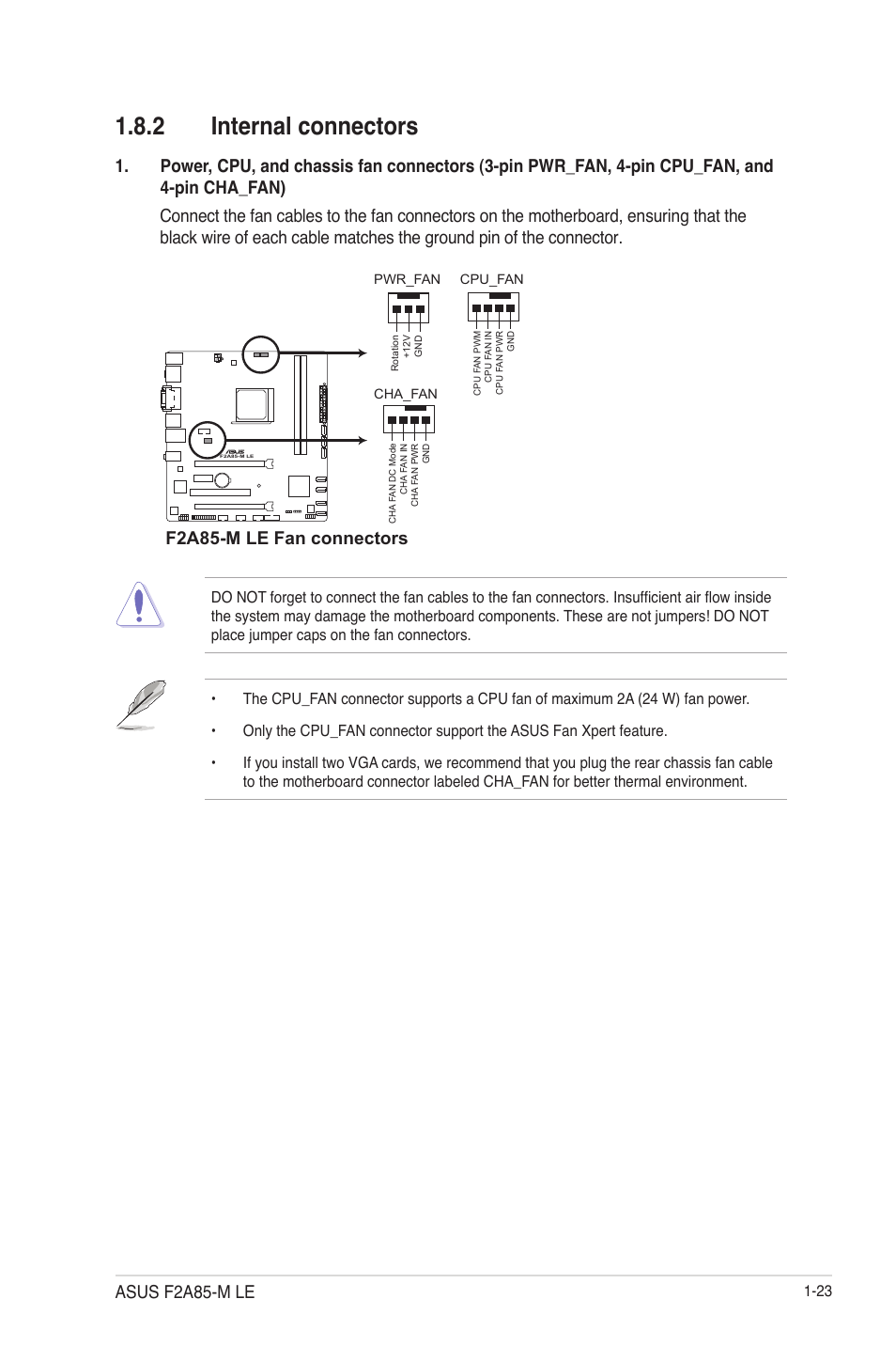 2 internal connectors, Internal connectors -23, F2a85-m le fan connectors | Asus f2a85-m le | Asus F2A85-M LE User Manual | Page 35 / 78