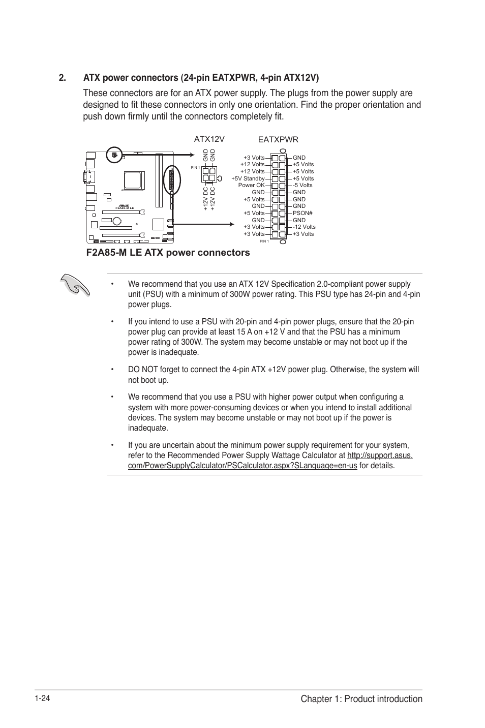 F2a85-m le atx power connectors, Chapter 1: product introduction | Asus F2A85-M LE User Manual | Page 36 / 78