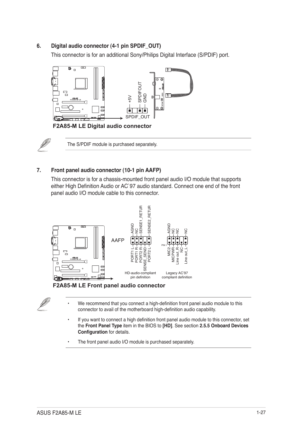 F2a85-m le digital audio connector, F2a85-m le front panel audio connector, Asus f2a85-m le | Asus F2A85-M LE User Manual | Page 39 / 78