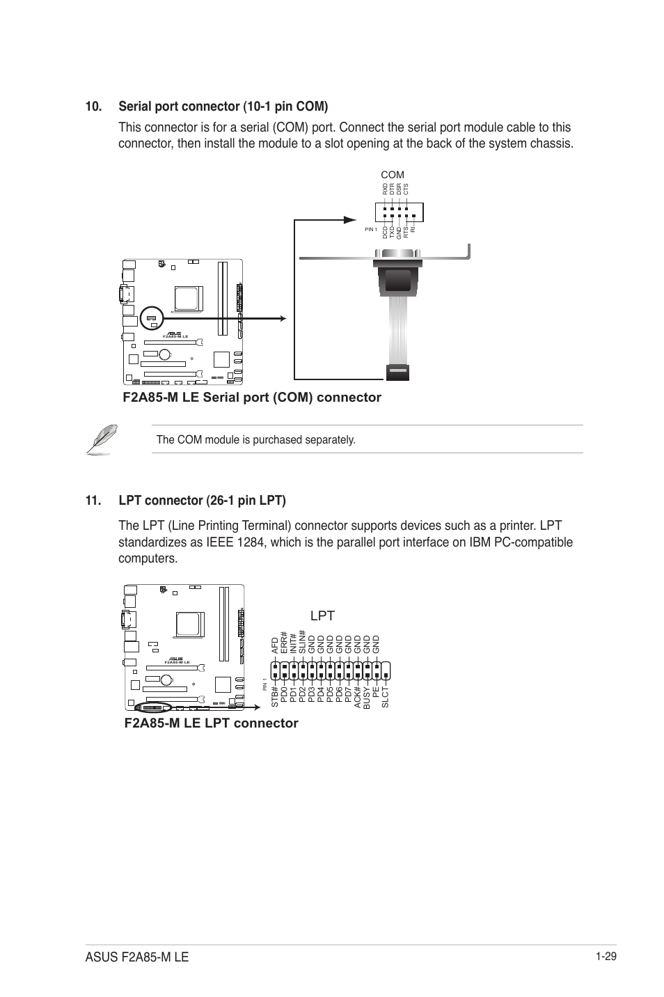 F2a85-m le serial port (com) connector, F2a85-m le lpt connector, Asus f2a85-m le | Asus F2A85-M LE User Manual | Page 41 / 78