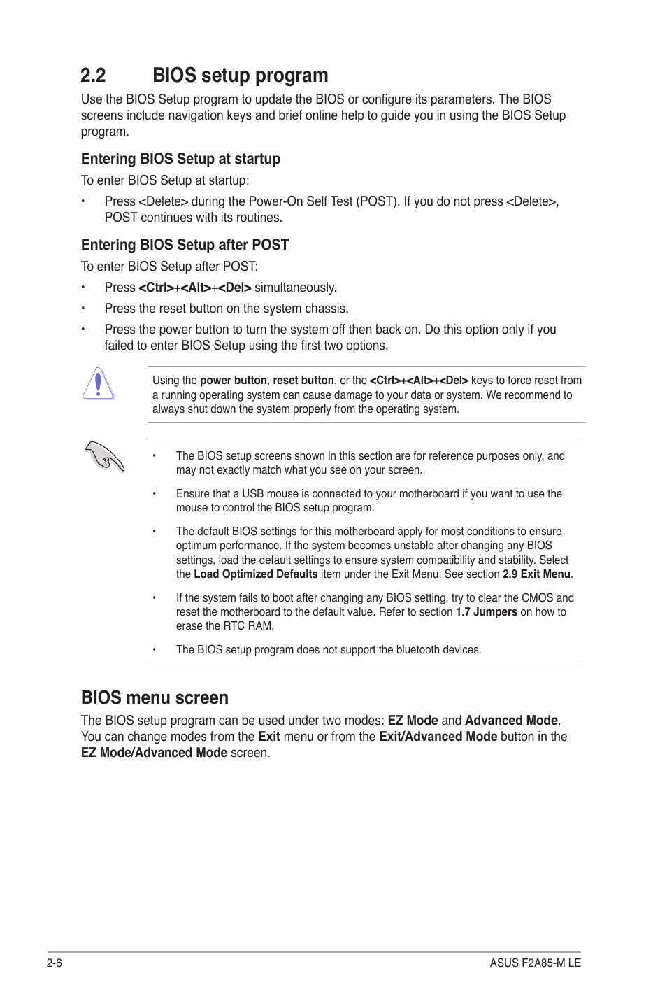 2 bios setup program, 2 bios setup program -6, Bios menu screen | Asus F2A85-M LE User Manual | Page 48 / 78