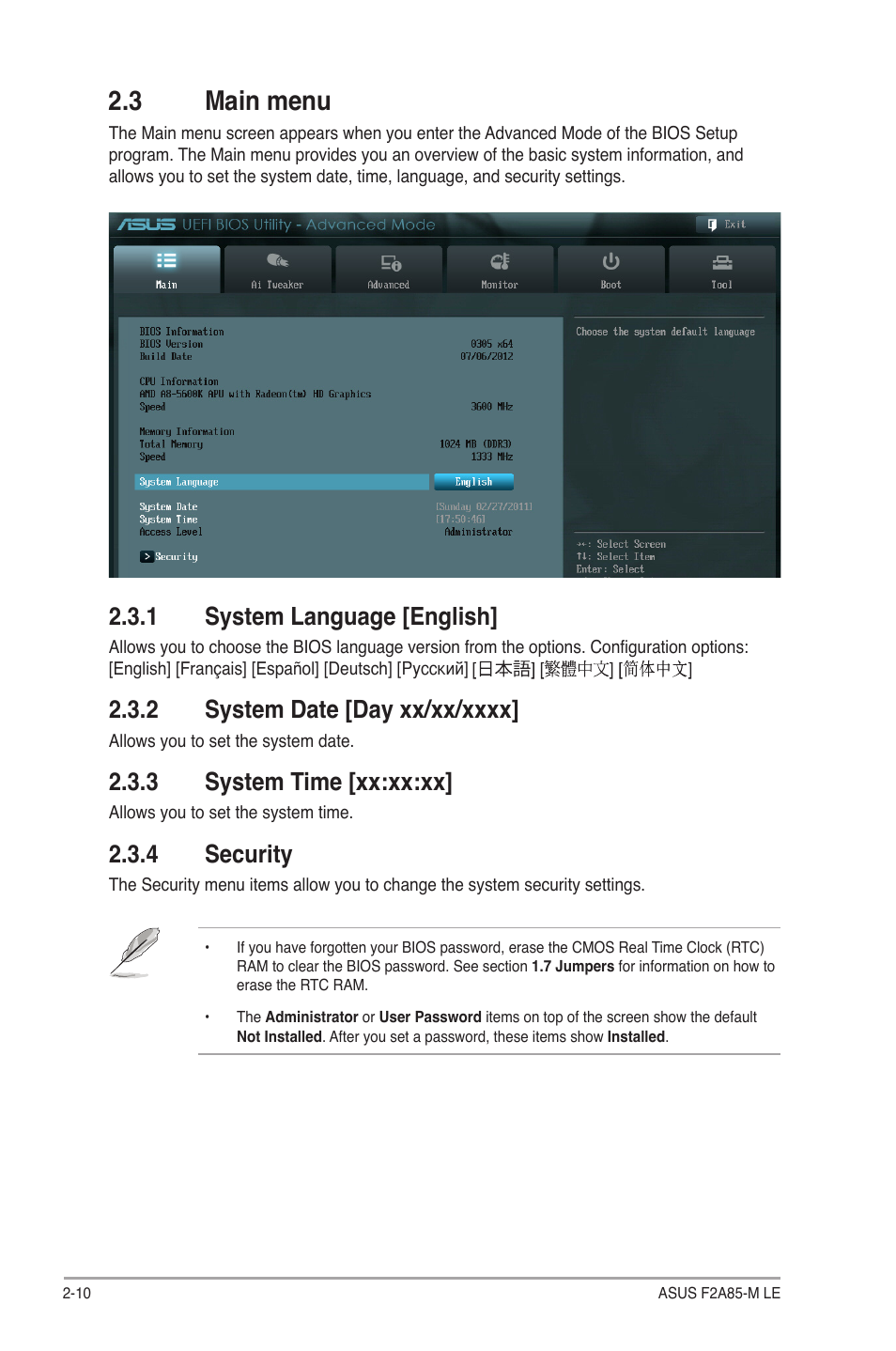 3 main menu, 1 system language [english, 2 system date [day xx/xx/xxxx | 3 system time [xx:xx:xx, 4 security, 3 main menu -10, System language [english] -10, System date [day xx/xx/xxxx] -10, System time [xx:xx:xx] -10, Security -10 | Asus F2A85-M LE User Manual | Page 52 / 78