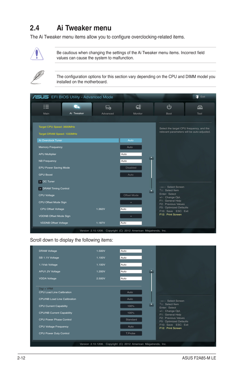 4 ai tweaker menu, 4 ai tweaker menu -12, Scroll down to display the following items | Efi bios utility - advanced mode | Asus F2A85-M LE User Manual | Page 54 / 78