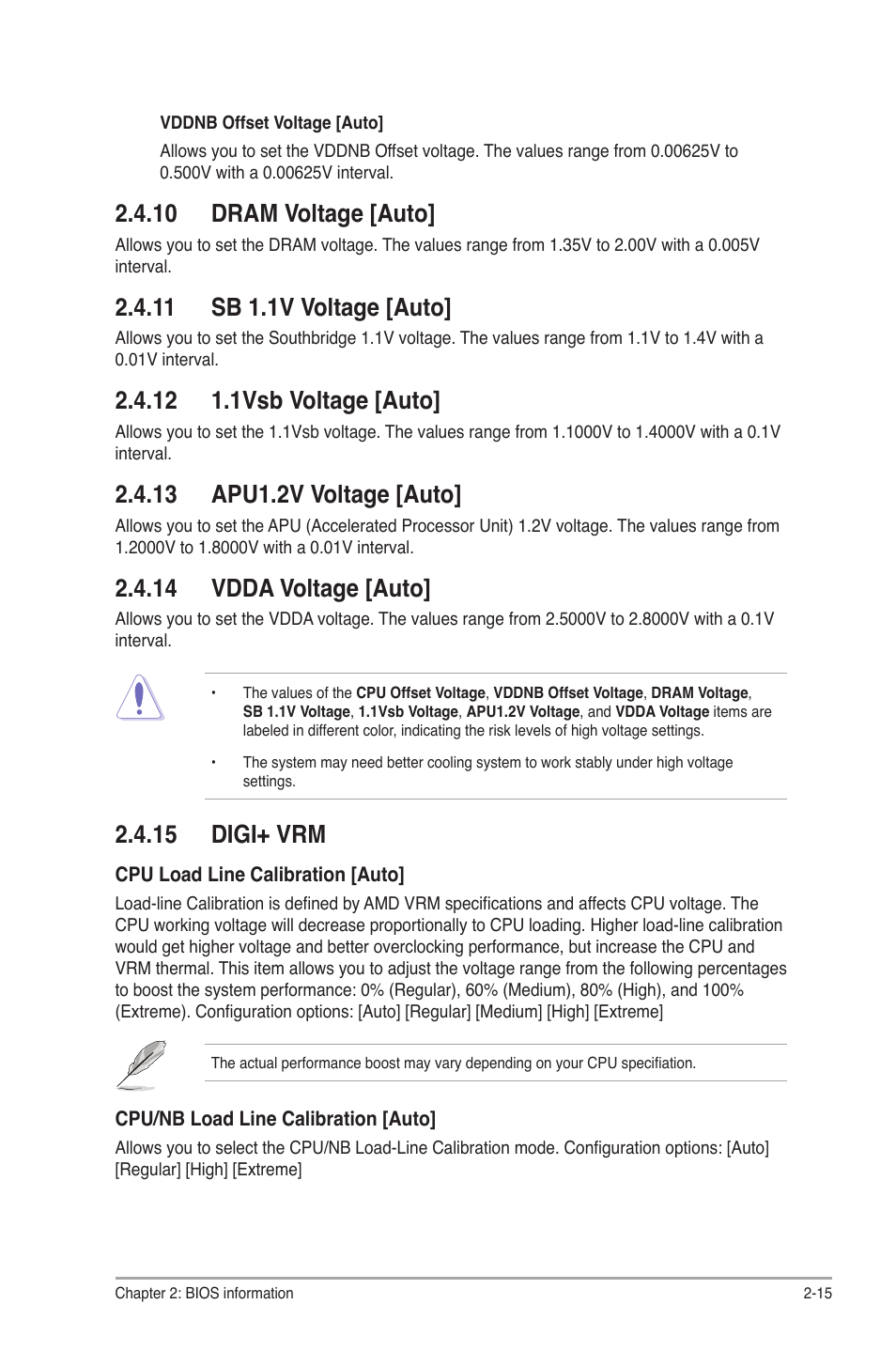 10 dram voltage [auto, 11 sb 1.1v voltage [auto, 12 1.1vsb voltage [auto | 13 apu1.2v voltage [auto, 14 vdda voltage [auto, 15 digi+ vrm | Asus F2A85-M LE User Manual | Page 57 / 78