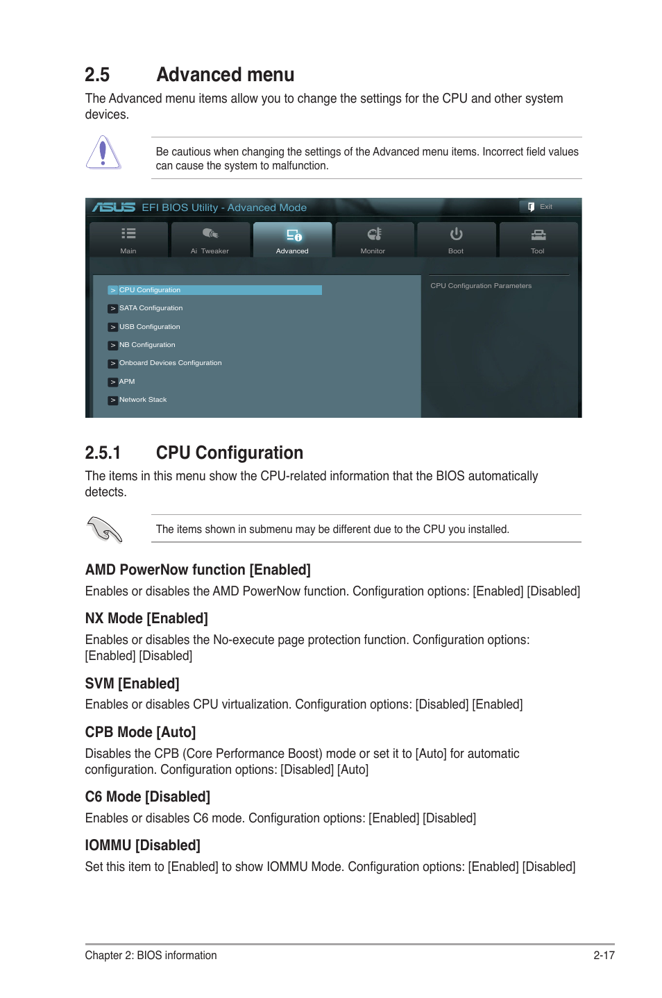 5 advanced menu, 1 cpu configuration, 5 advanced menu -17 | Cpu configuration -17, Amd powernow function [enabled, Nx mode [enabled, Svm [enabled, Cpb mode [auto, C6 mode [disabled, Iommu [disabled | Asus F2A85-M LE User Manual | Page 59 / 78