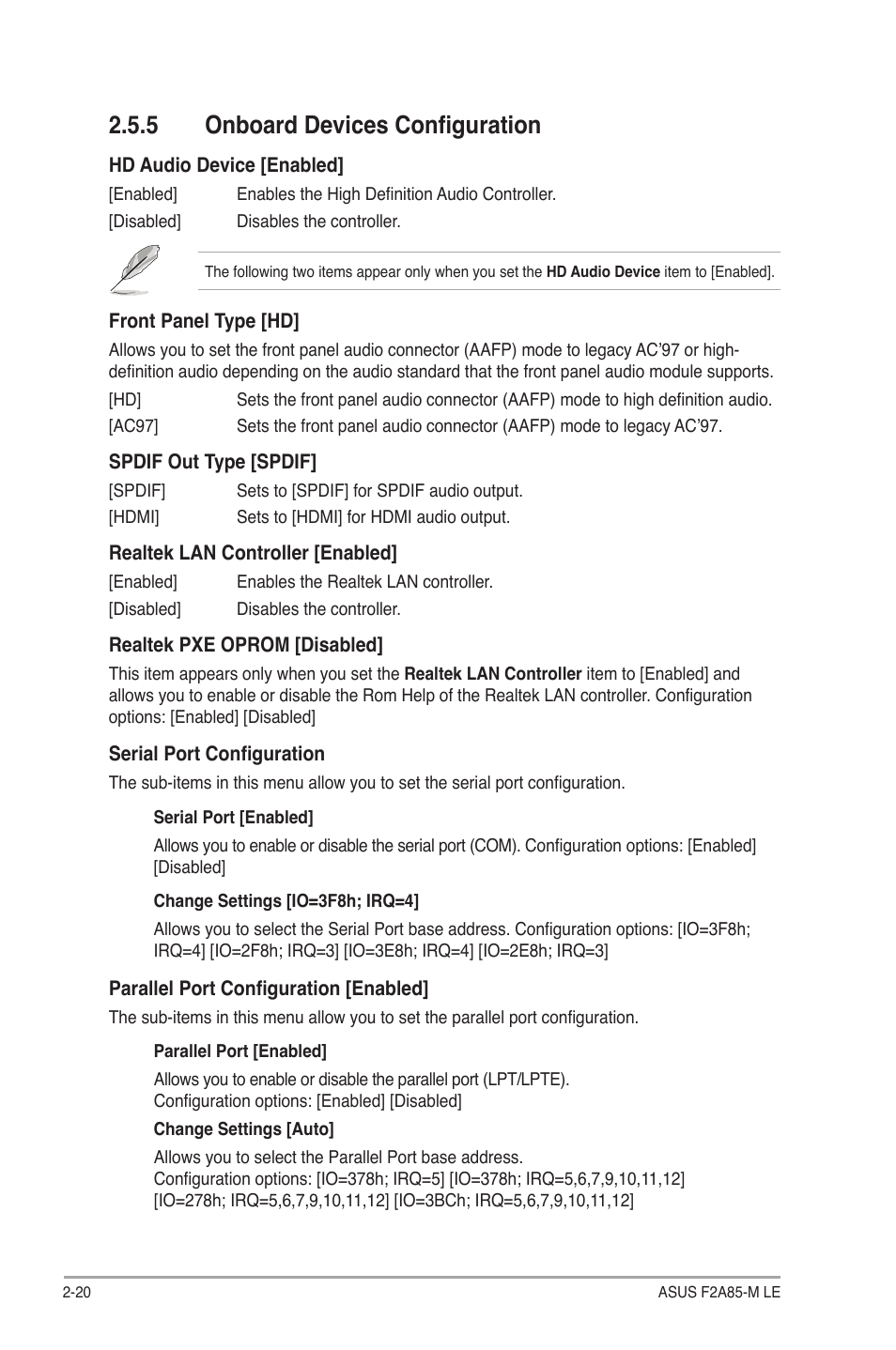 5 onboard devices configuration, Onboard devices configuration -20 | Asus F2A85-M LE User Manual | Page 62 / 78