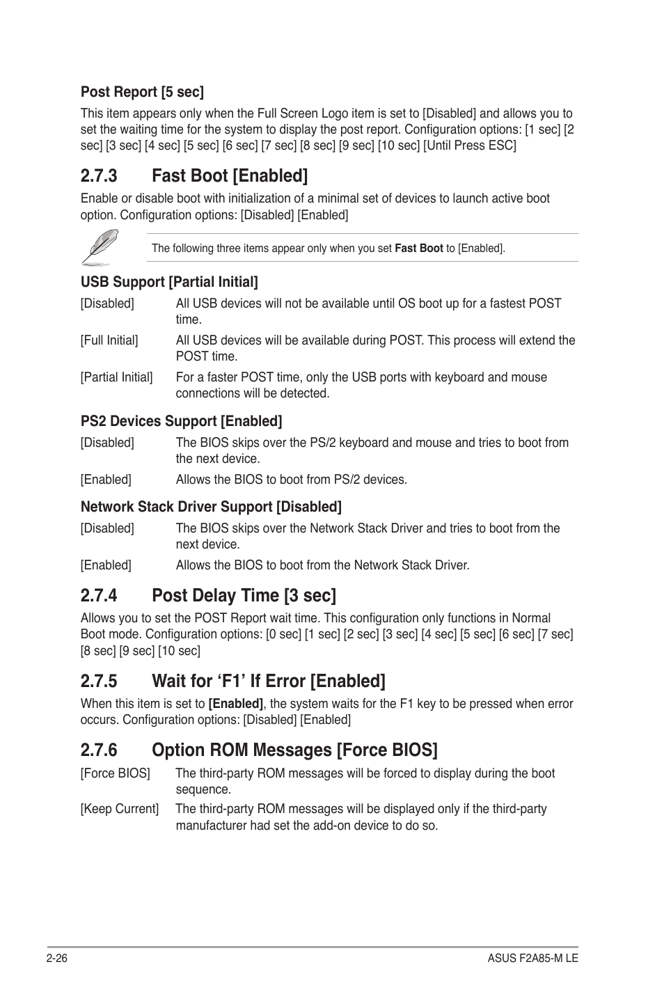 3 fast boot [enabled, 4 post delay time [3 sec, 5 wait for ‘f1’ if error [enabled | 6 option rom messages [force bios, Fast boot [enabled] -26, Post delay time [3 sec] -26, Wait for ‘f1’ if error [enabled] -26, Option rom messages [force bios] -26 | Asus F2A85-M LE User Manual | Page 68 / 78
