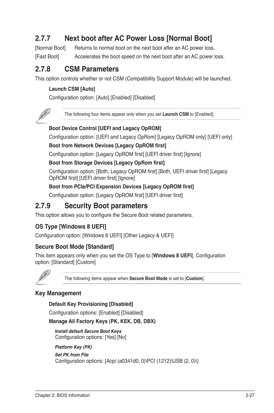 7 next boot after ac power loss [normal boot, 8 csm parameters, 9 security boot parameters | Next boot after ac power loss [normal boot] -27, Csm parameters -27, Security boot parameters -27 | Asus F2A85-M LE User Manual | Page 69 / 78