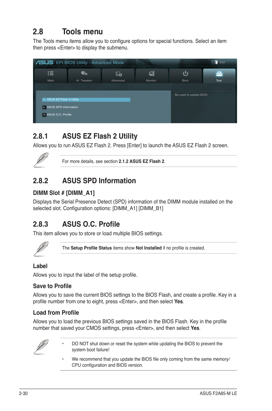 8 tools menu, 1 asus ez flash 2 utility, 2 asus spd information | 3 asus o.c. profile, 8 tools menu -30, Asus ez flash 2 utility -30, Asus spd information -30, Asus o.c. profile -30, Label, Save to profile | Asus F2A85-M LE User Manual | Page 72 / 78