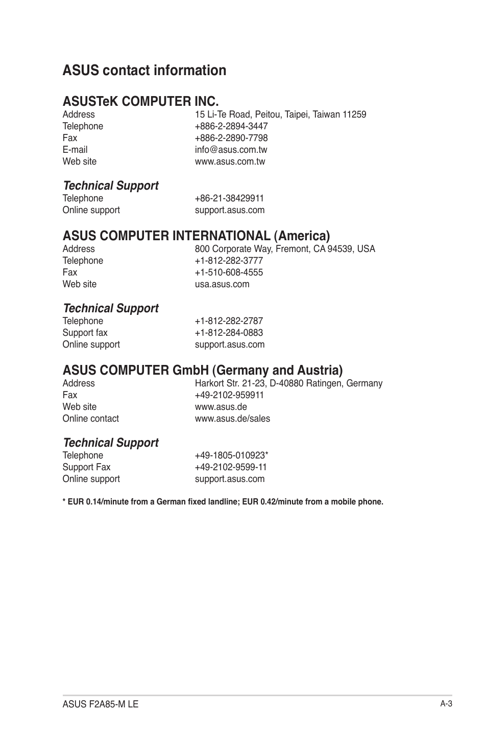 Asus contact information, Asustek computer inc, Asus computer international (america) | Asus computer gmbh (germany and austria), Technical support | Asus F2A85-M LE User Manual | Page 77 / 78