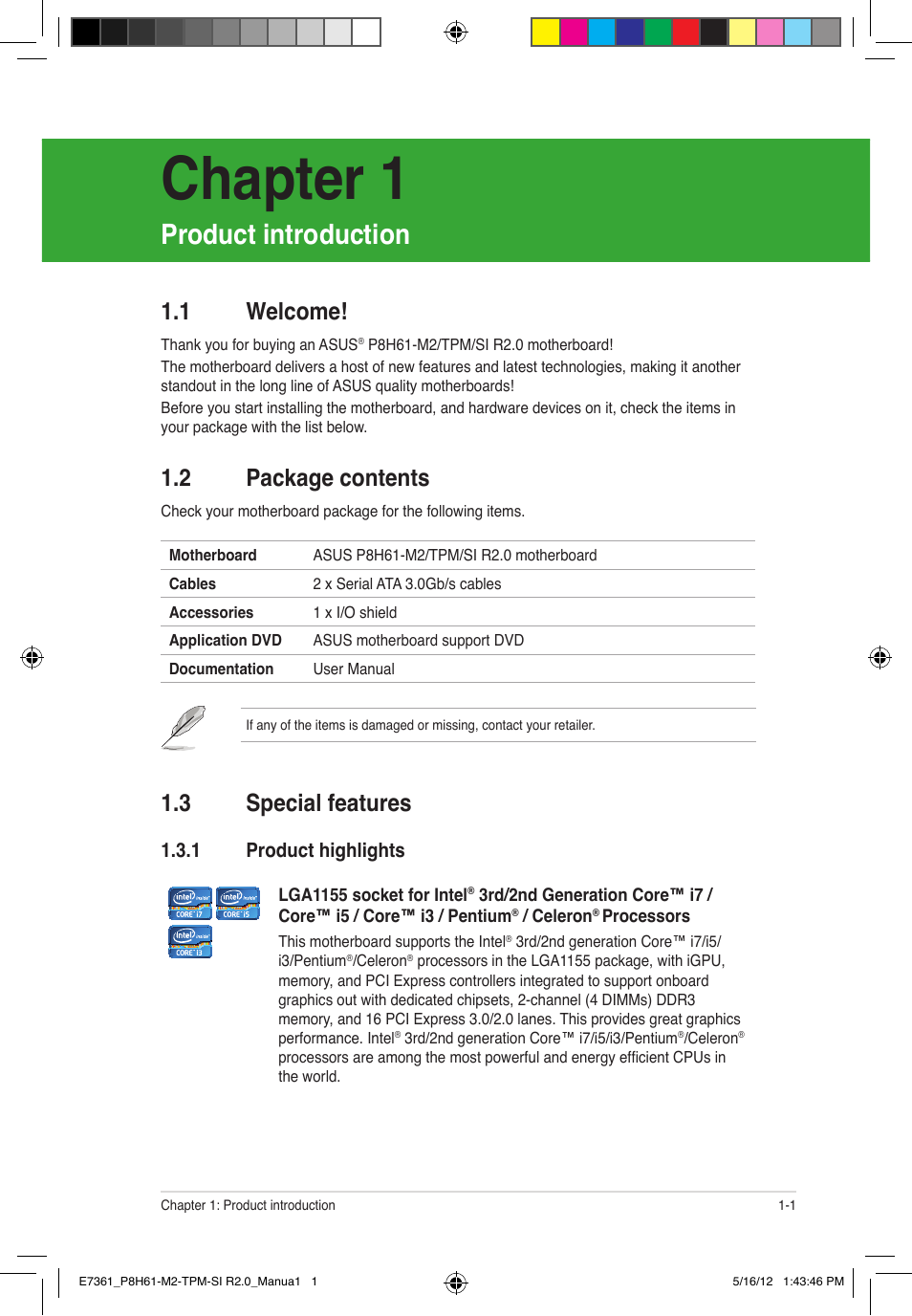 Chapter 1, Product introduction, 3 special features | 1 welcome, 2 package contents | Asus MOTHERBOARD si r2.0 User Manual | Page 11 / 70
