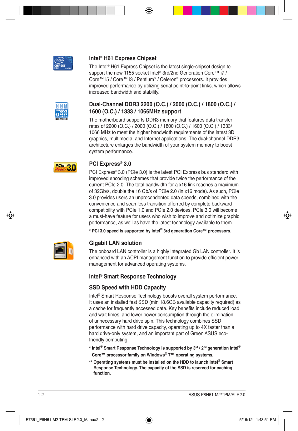 Intel, H61 express chipset, Pci express | Gigabit lan solution | Asus MOTHERBOARD si r2.0 User Manual | Page 12 / 70