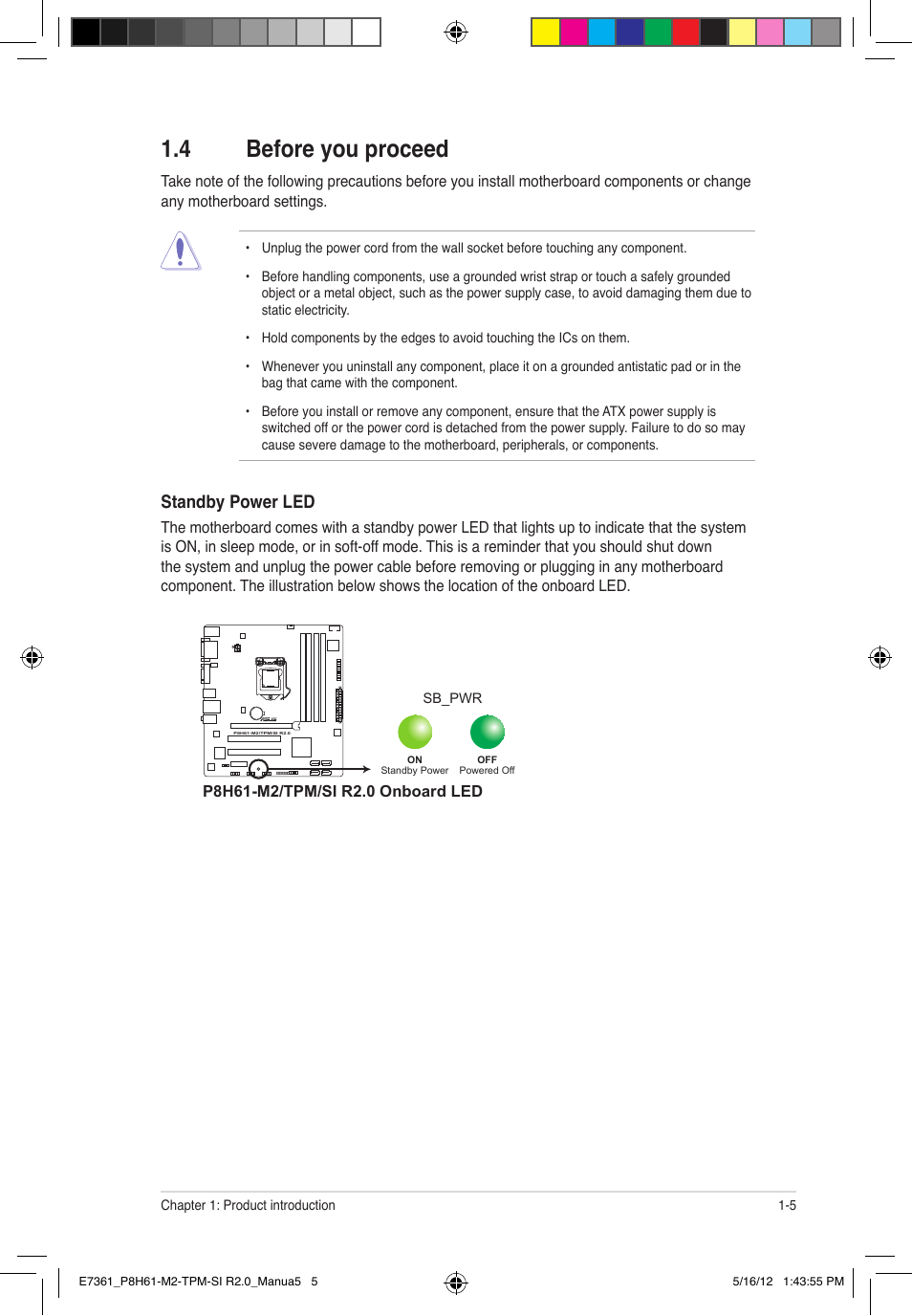 4 before you proceed, Standby power led | Asus MOTHERBOARD si r2.0 User Manual | Page 15 / 70