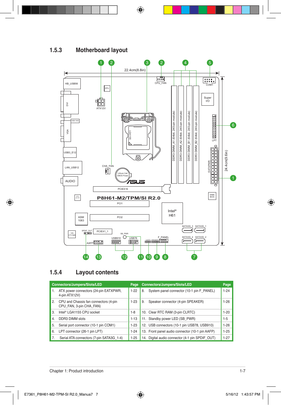 3 motherboard layout 1.5.4 layout contents | Asus MOTHERBOARD si r2.0 User Manual | Page 17 / 70
