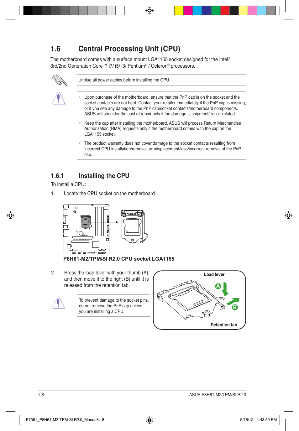 6 central processing unit (cpu), 1 installing the cpu | Asus MOTHERBOARD si r2.0 User Manual | Page 18 / 70