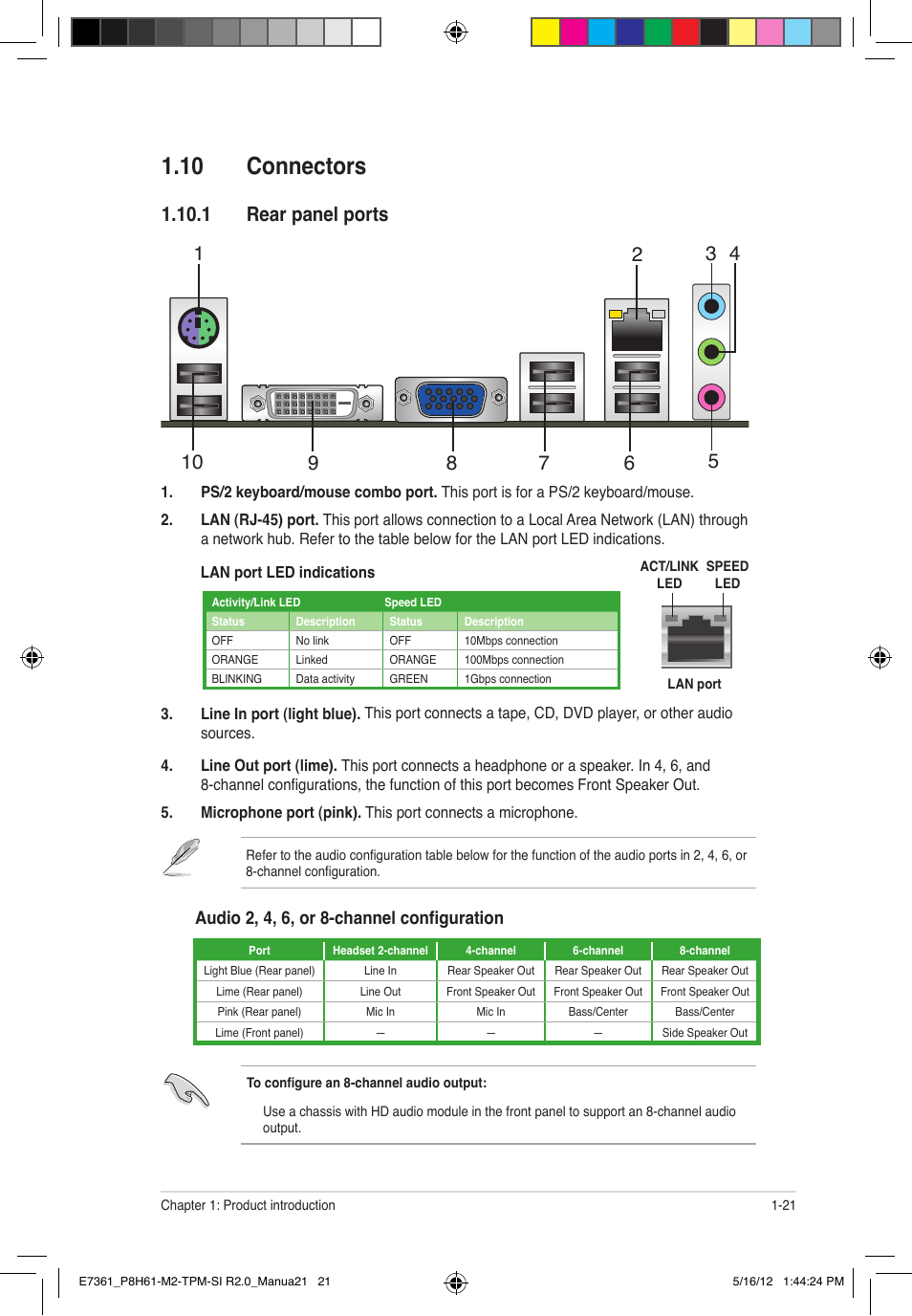 10 connectors, 1 rear panel ports, Audio 2, 4, 6, or 8-channel configuration | Asus MOTHERBOARD si r2.0 User Manual | Page 31 / 70