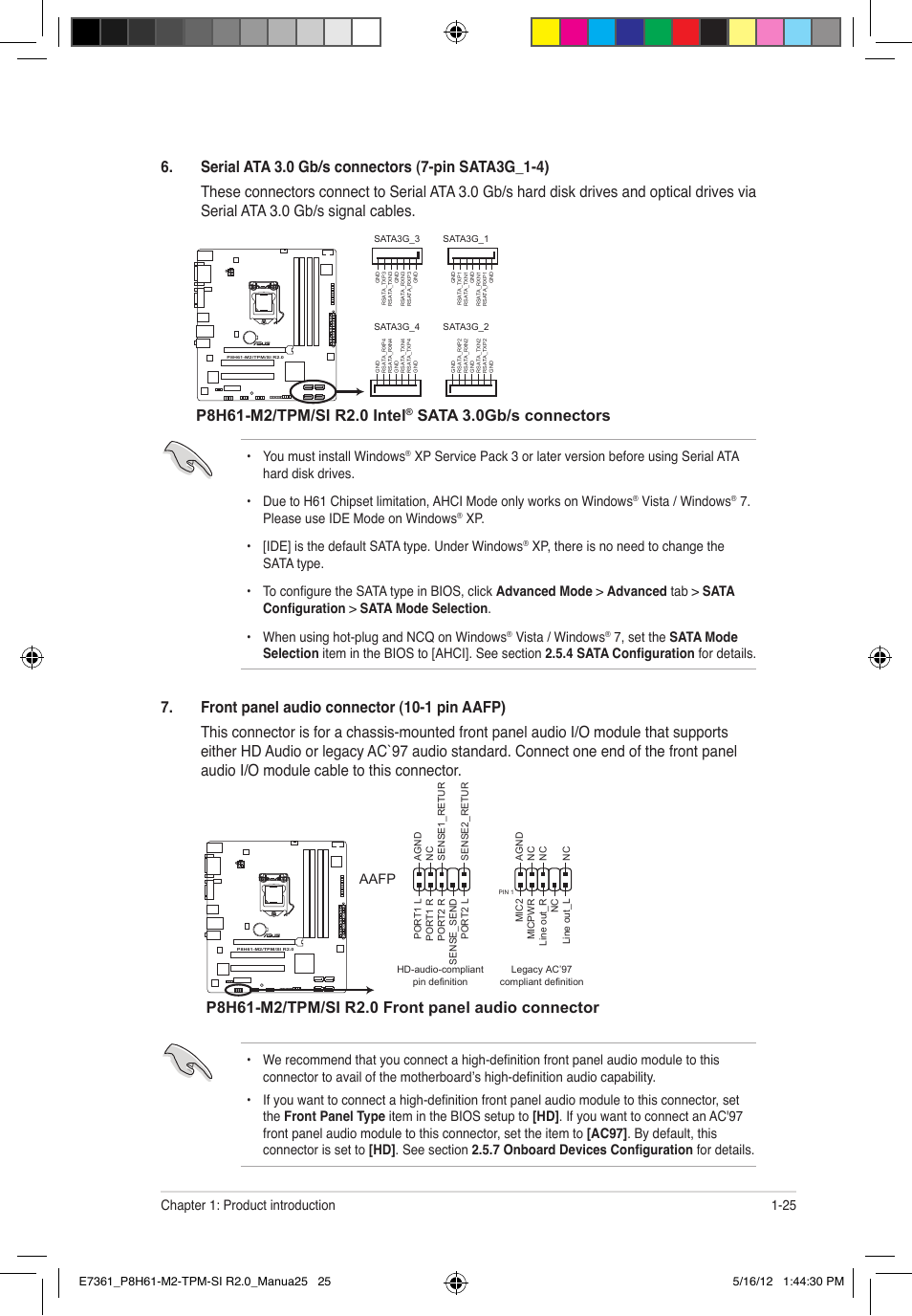 Sata 3.0gb/s connectors, 25 chapter 1: product introduction, Aafp | You must install windows, Vista / windows, Please use ide mode on windows | Asus MOTHERBOARD si r2.0 User Manual | Page 35 / 70