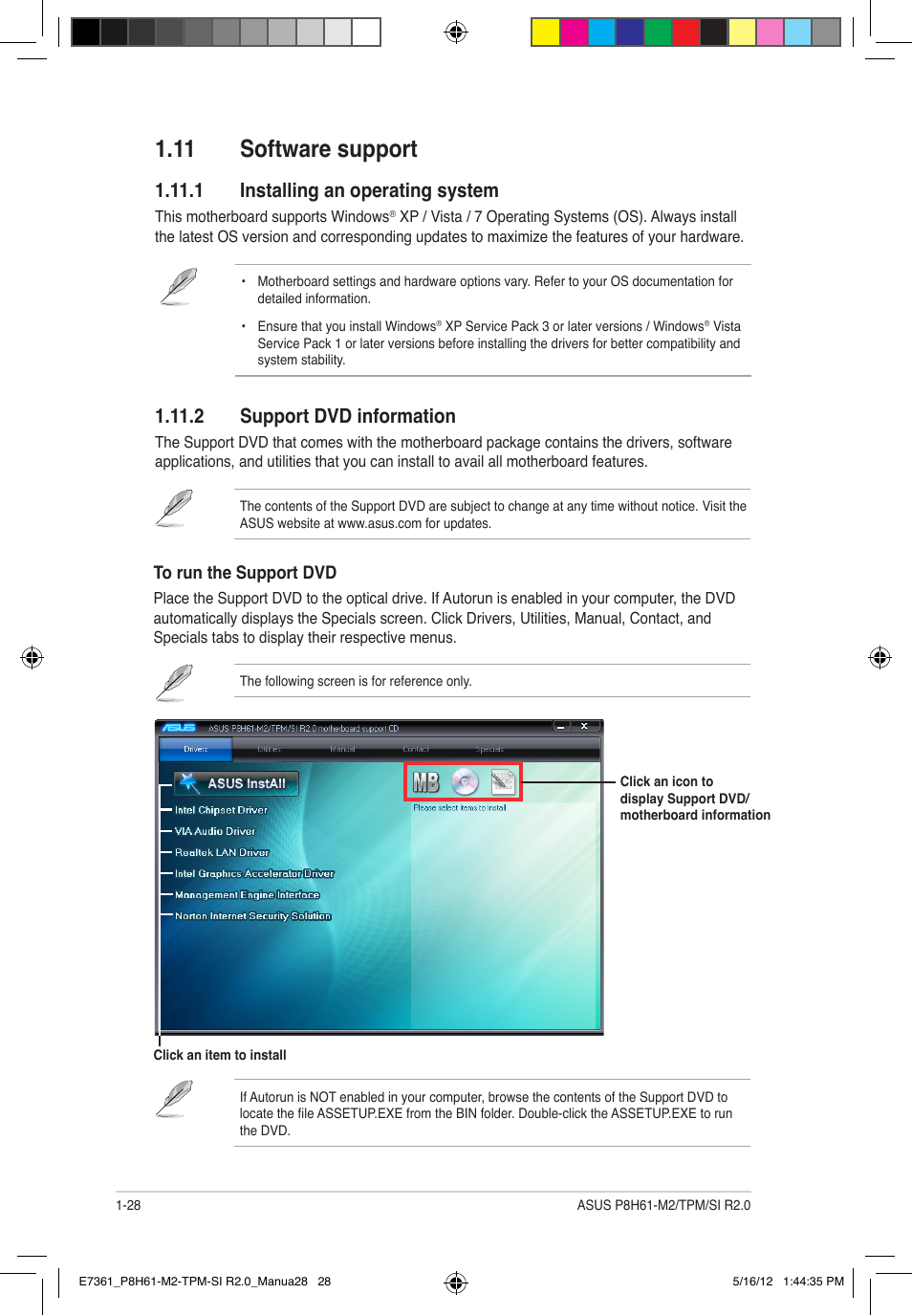 11 software support, 1 installing an operating system, 2 support dvd information | Asus MOTHERBOARD si r2.0 User Manual | Page 38 / 70