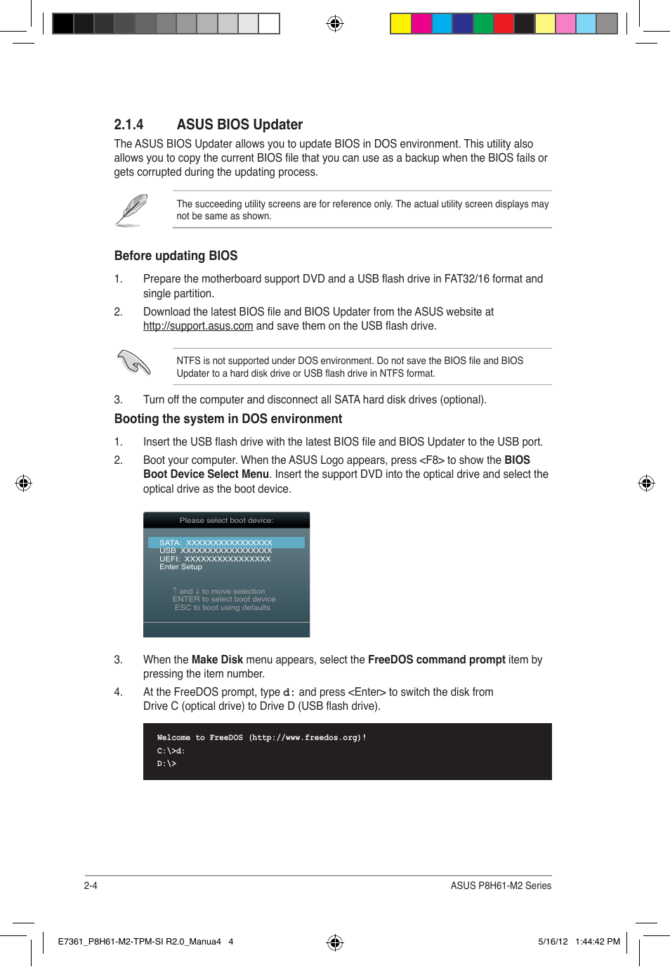 4 asus bios updater, Before updating bios, Booting the system in dos environment | Asus MOTHERBOARD si r2.0 User Manual | Page 42 / 70