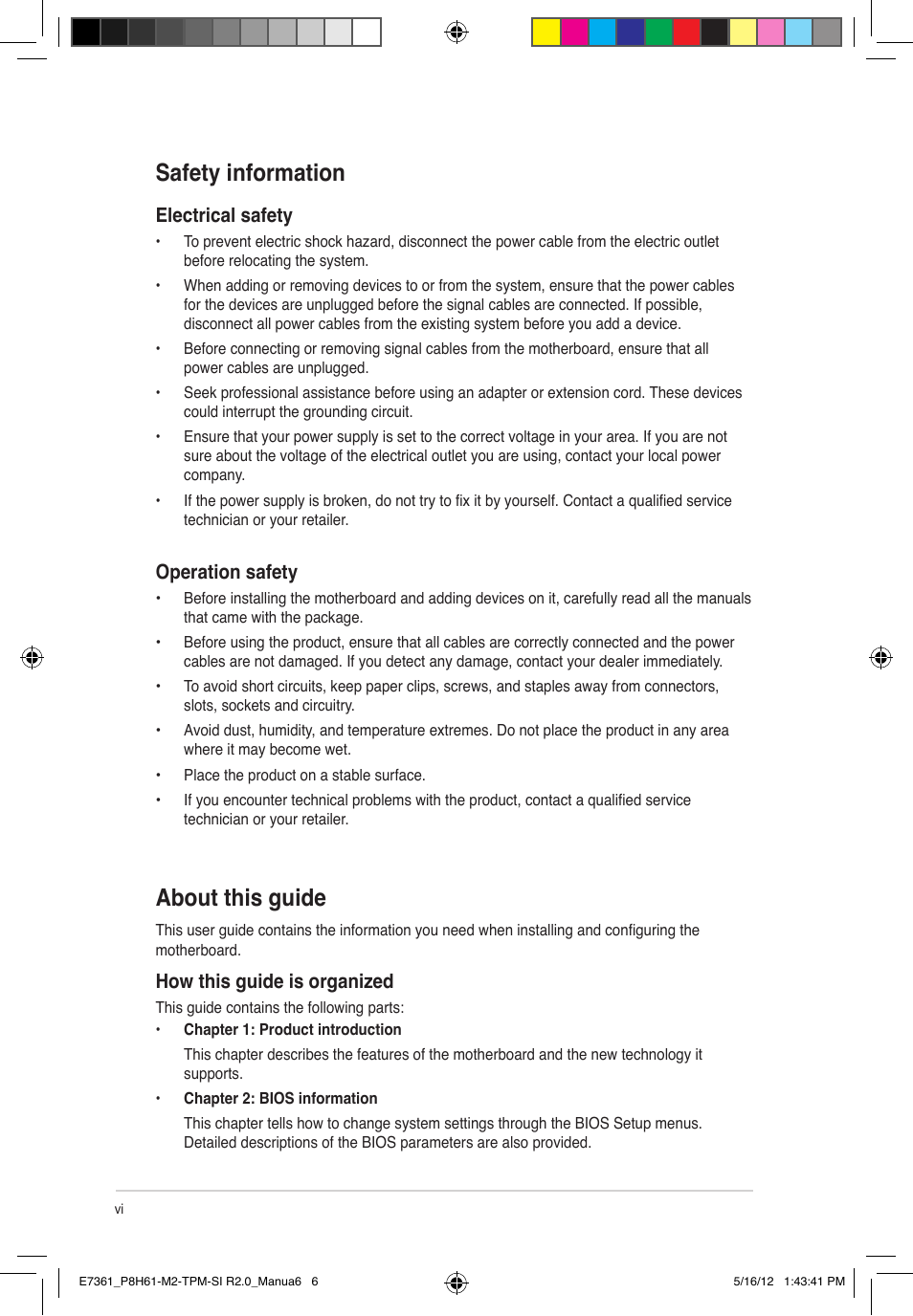 Safety information, About this guide, Electrical safety | Operation safety, How this guide is organized | Asus MOTHERBOARD si r2.0 User Manual | Page 6 / 70