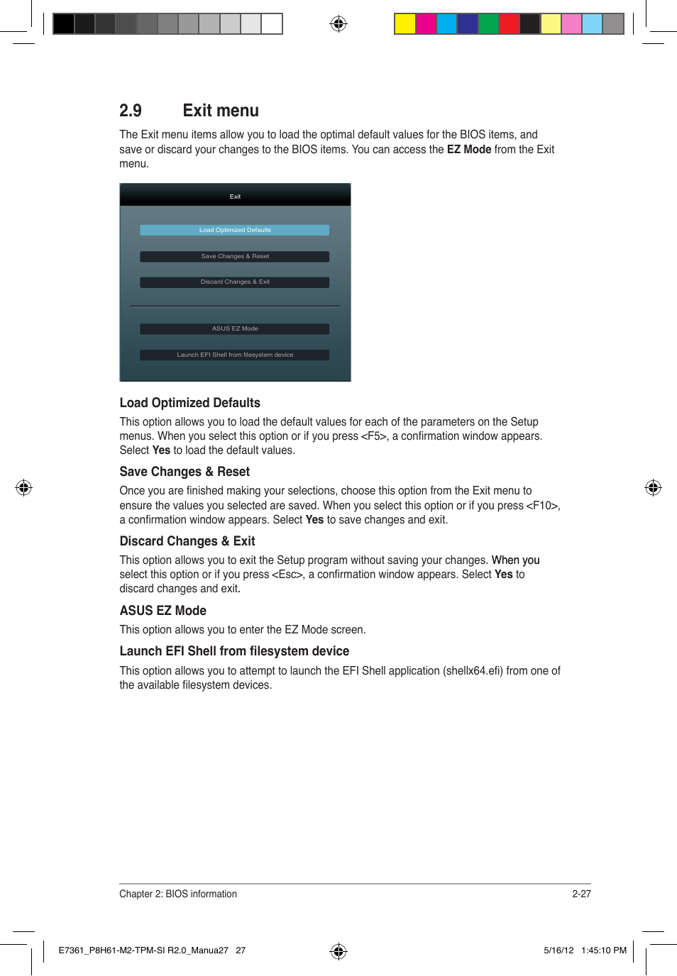 9 exit menu | Asus MOTHERBOARD si r2.0 User Manual | Page 65 / 70