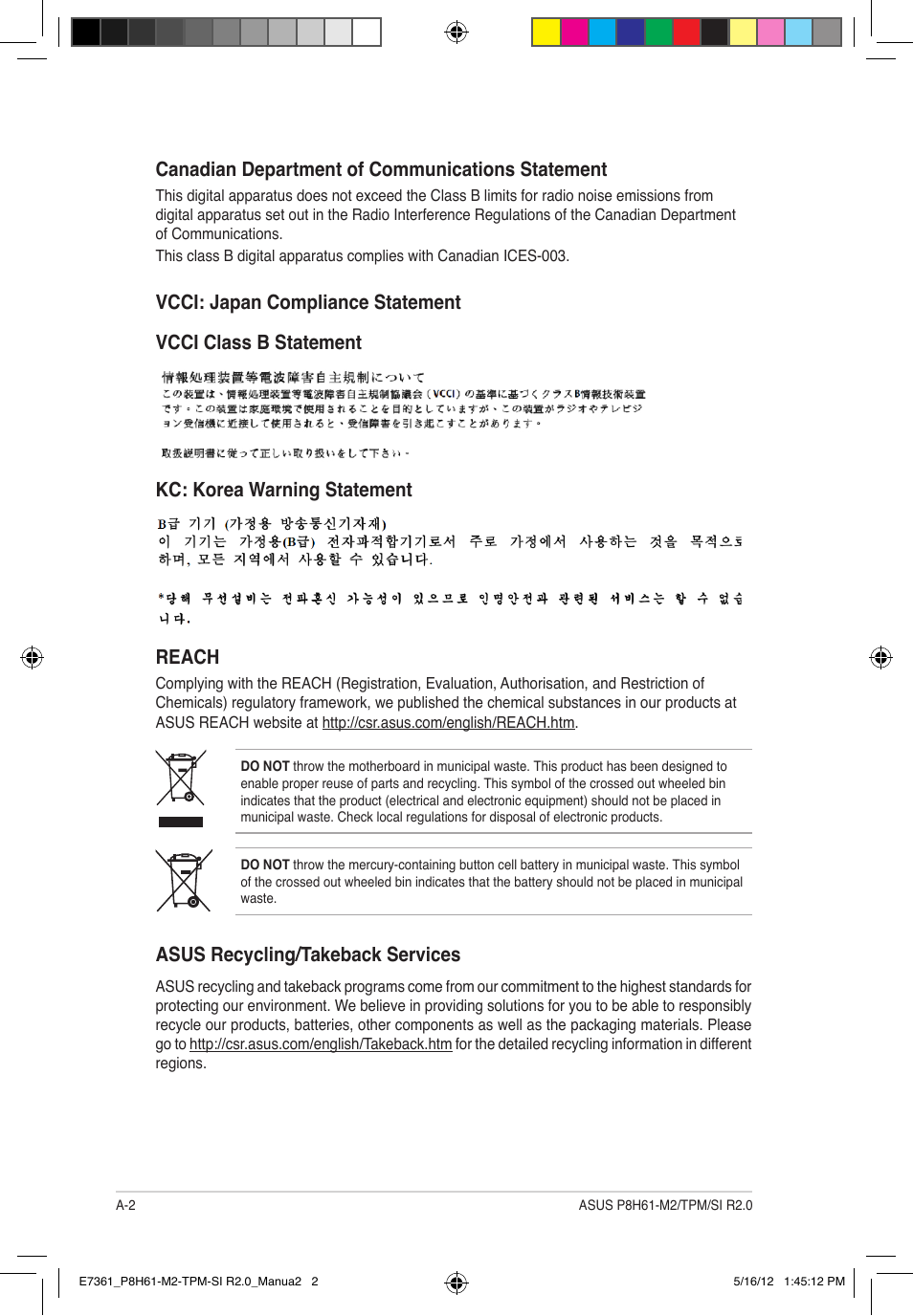 Reach, Asus recycling/takeback services | Asus MOTHERBOARD si r2.0 User Manual | Page 68 / 70