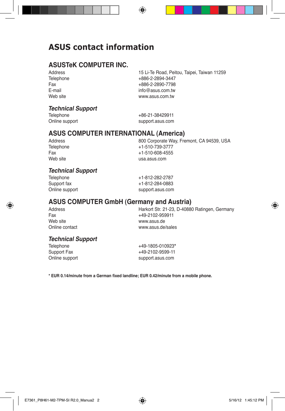 Asus contact information, Asustek computer inc, Asus computer international (america) | Asus computer gmbh (germany and austria), Technical support | Asus MOTHERBOARD si r2.0 User Manual | Page 69 / 70