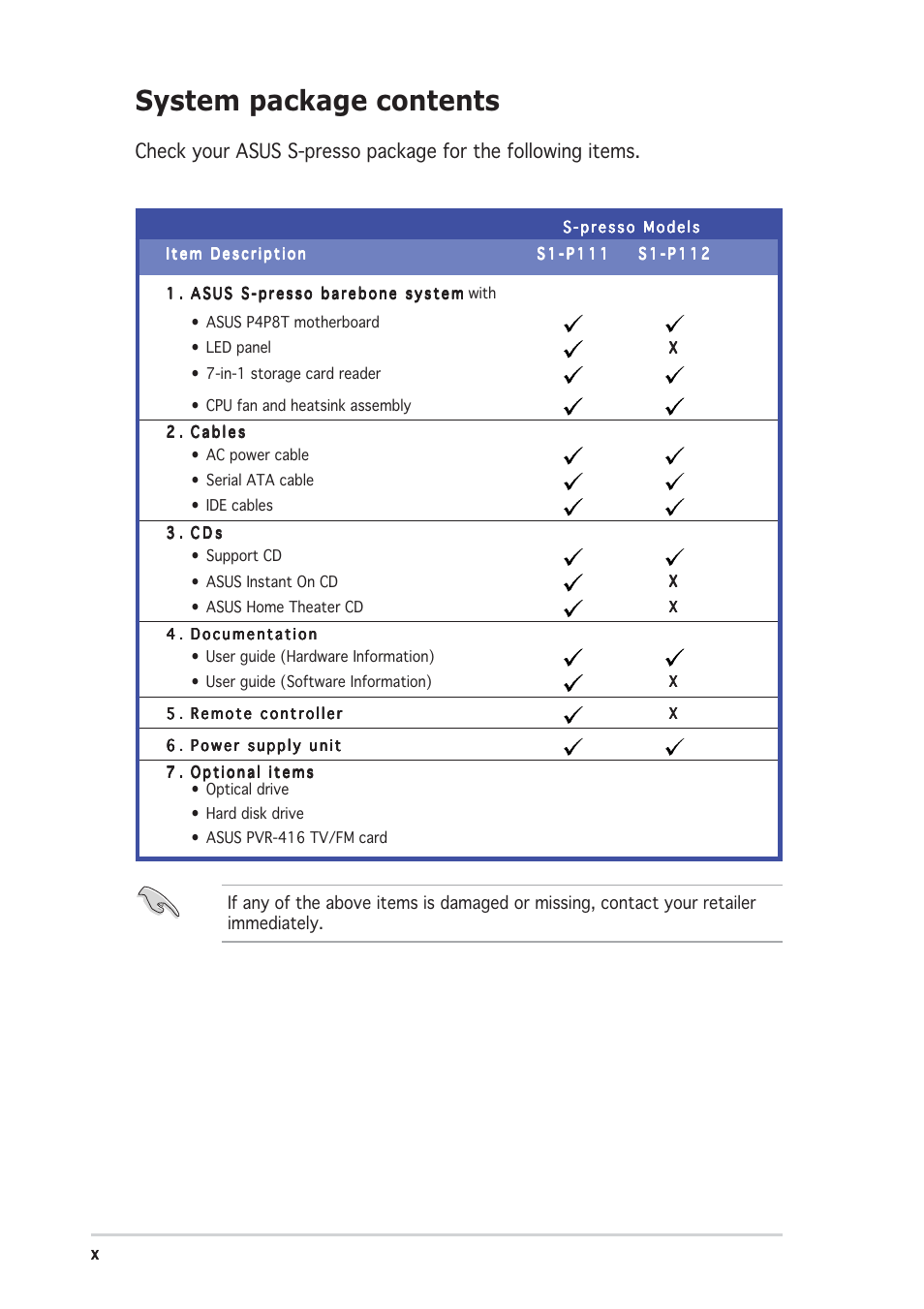 System package contents | Asus Multimedia System S-presso User Manual | Page 10 / 106