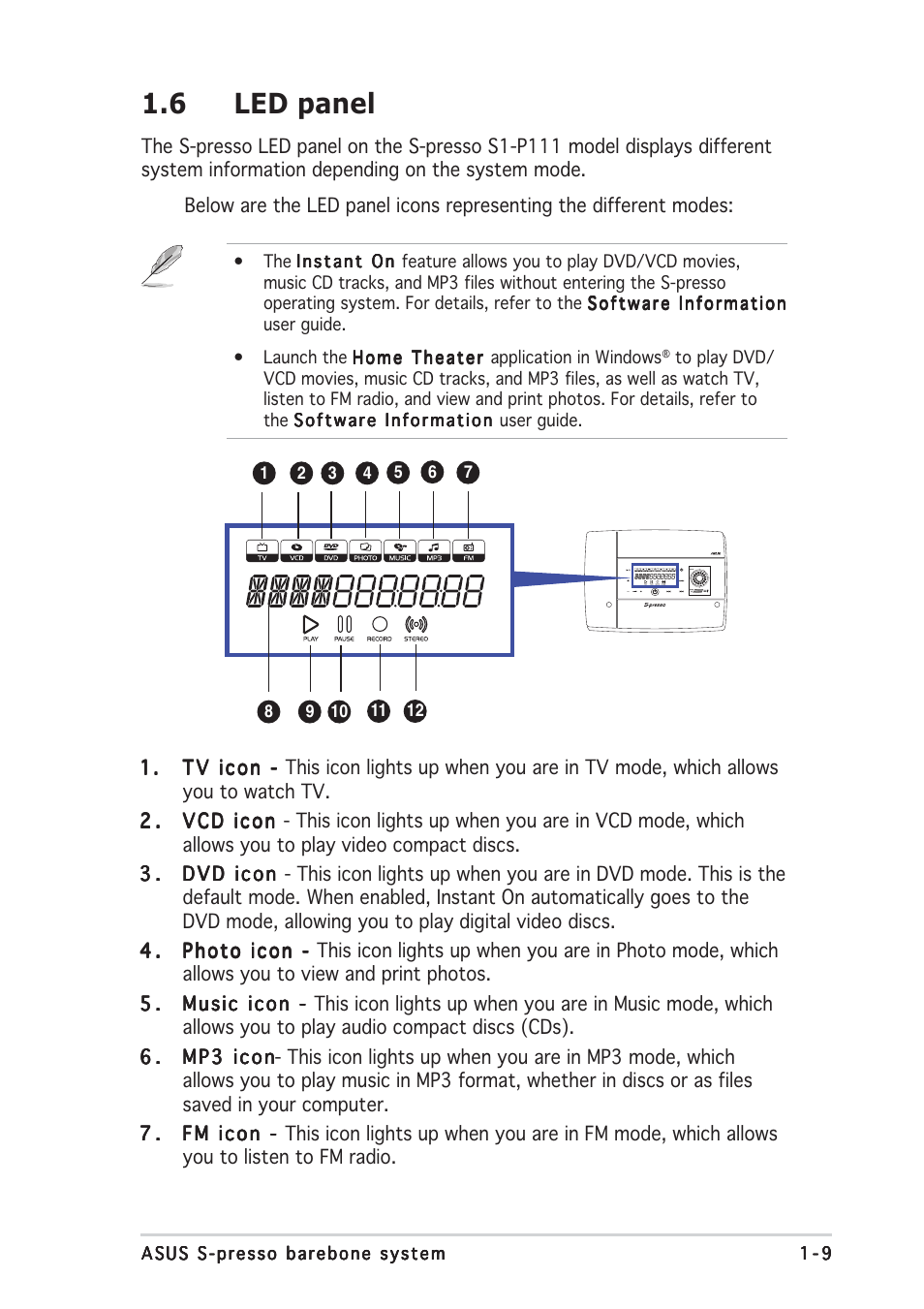 6 led panel | Asus Multimedia System S-presso User Manual | Page 19 / 106