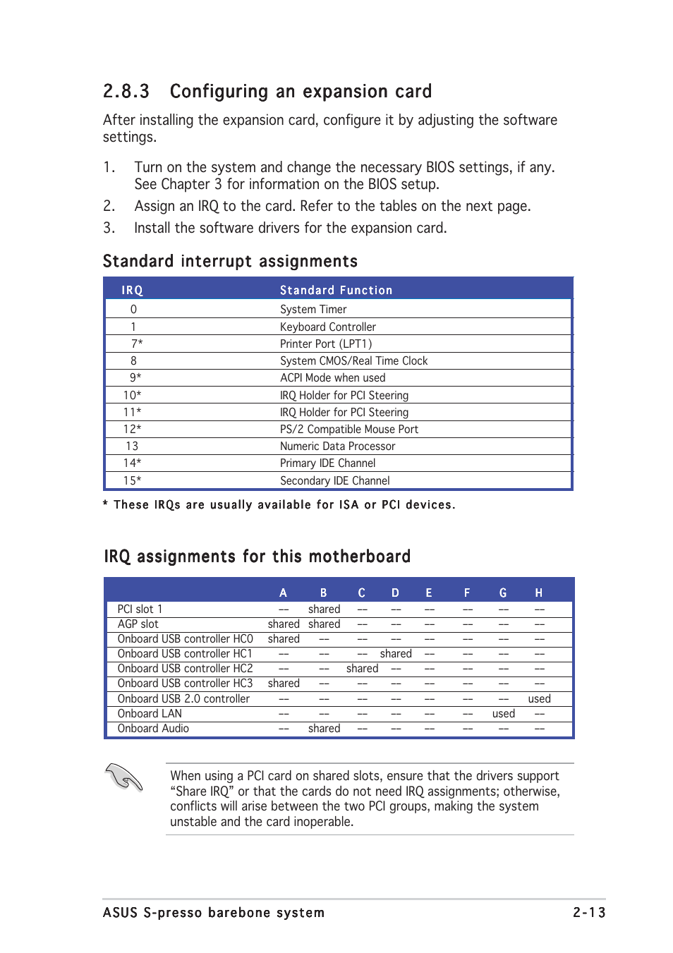 Standard interrupt assignments, Irq assignments for this motherboard | Asus Multimedia System S-presso User Manual | Page 33 / 106