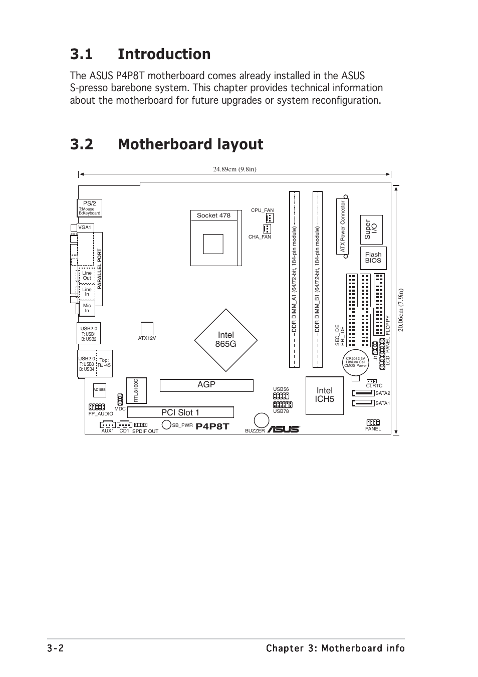 1 introduction, 2 motherboard layout, P4p8t | Pci slot 1, Intel ich5 intel 865g | Asus Multimedia System S-presso User Manual | Page 44 / 106