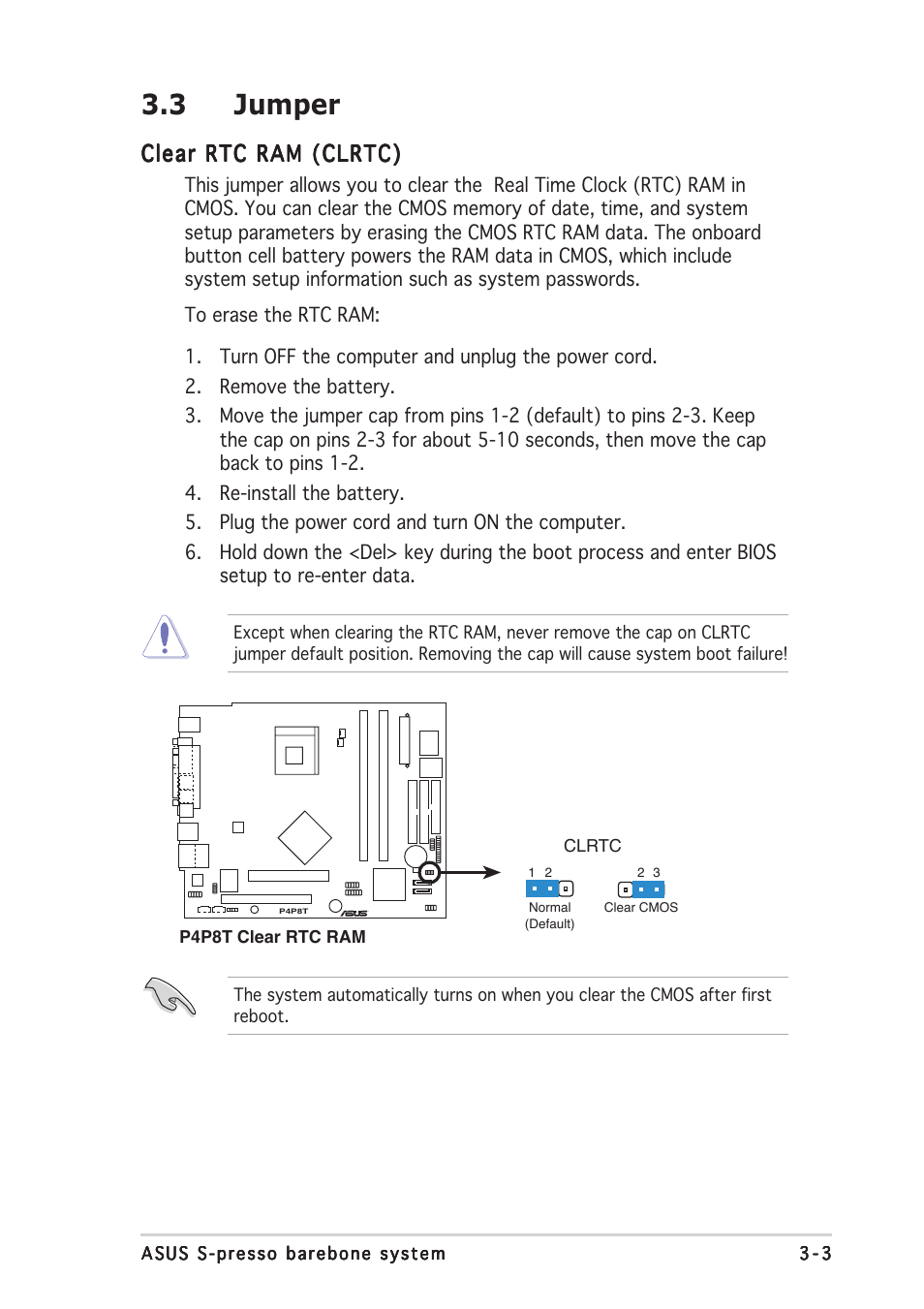 3 jumper, Clear rtc ram (clrtc) | Asus Multimedia System S-presso User Manual | Page 45 / 106