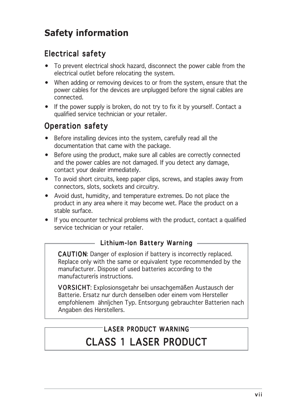 Class 1 laser product, Safety information | Asus Multimedia System S-presso User Manual | Page 7 / 106