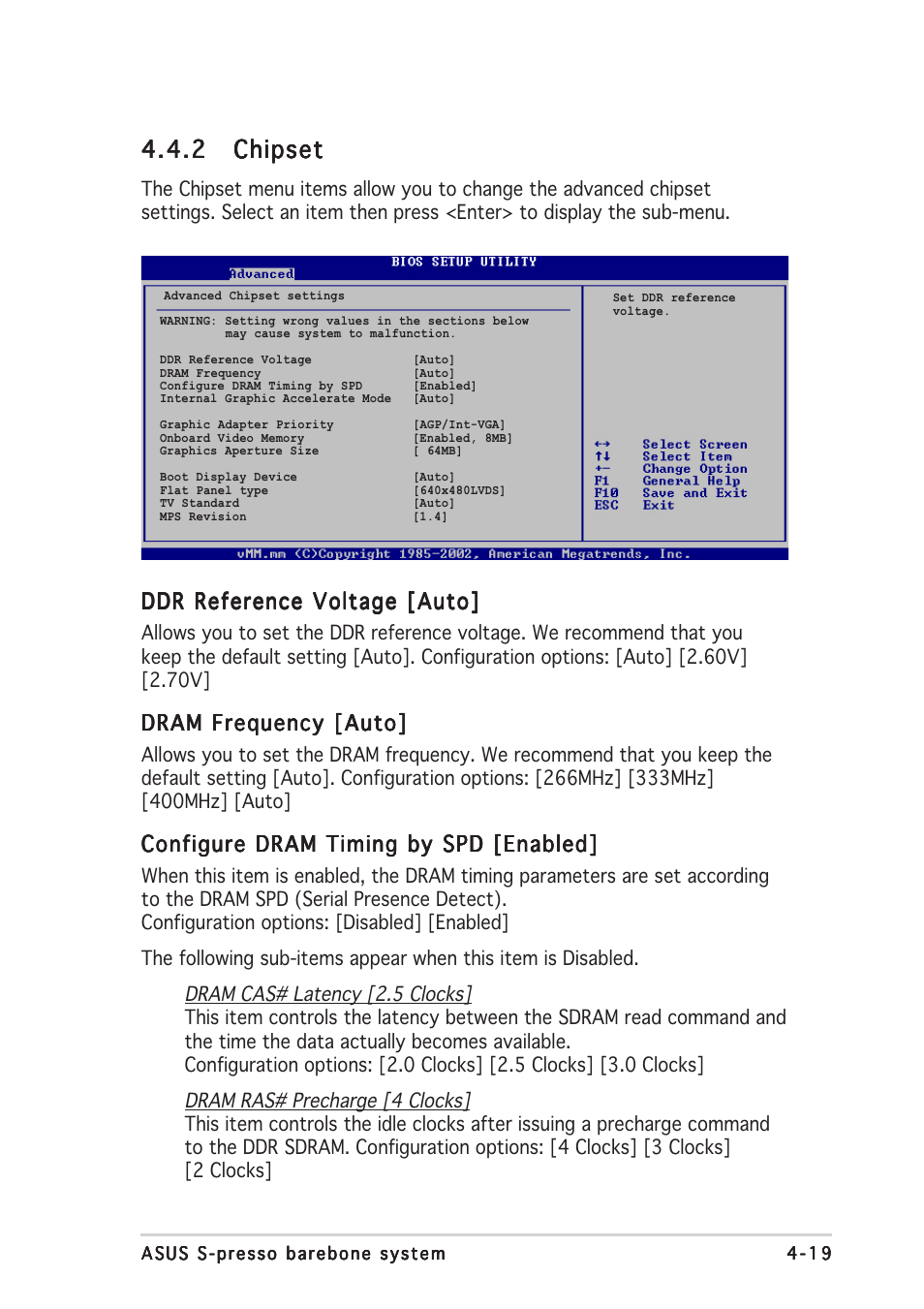 2 chipset chipset chipset chipset chipset, Ddr reference voltage [auto, Dram frequency [auto | Configure dram timing by spd [enabled | Asus Multimedia System S-presso User Manual | Page 73 / 106