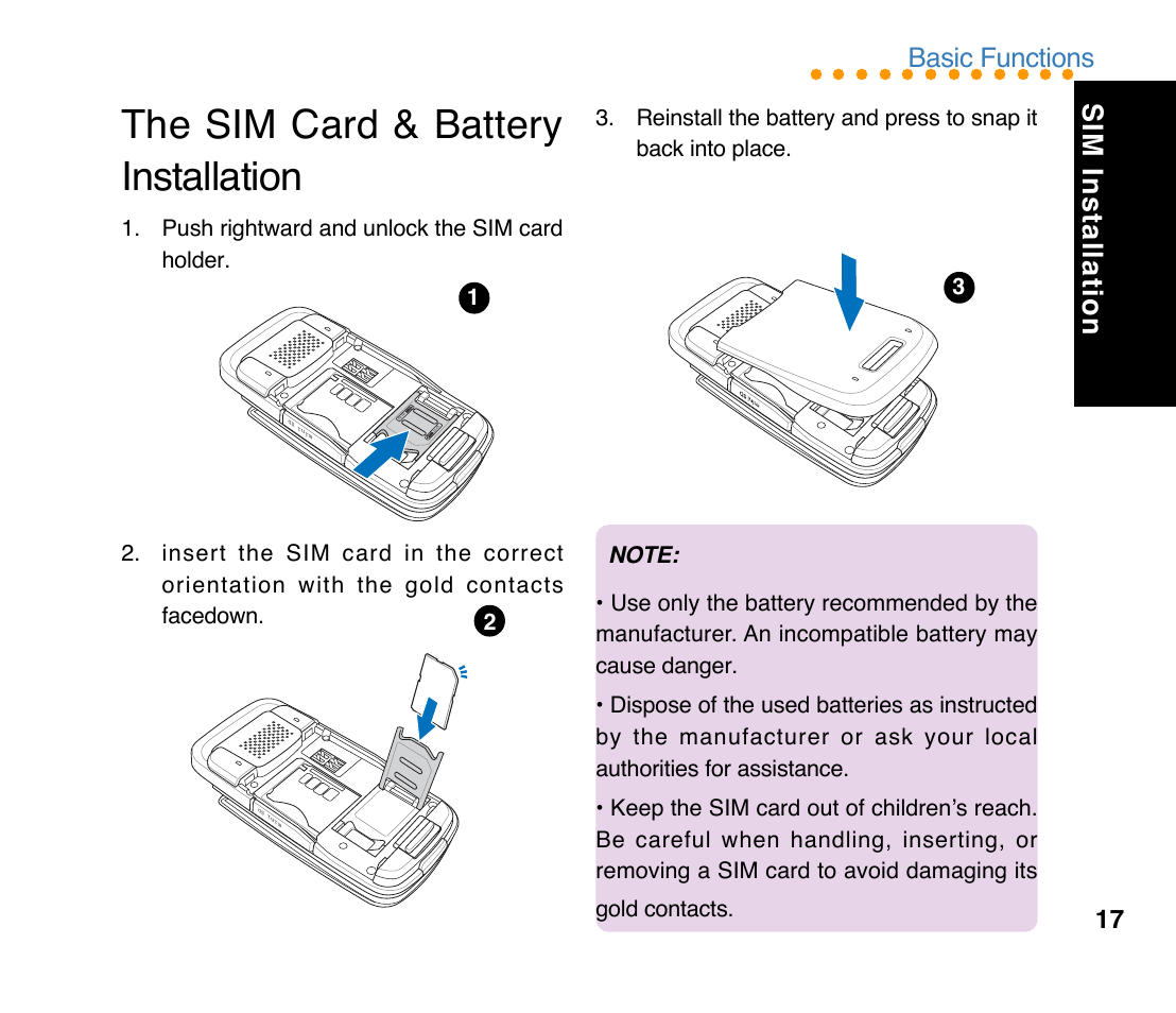 The sim card & battery installation, Sim installation, Basic functions | Asus M307 User Manual | Page 17 / 78