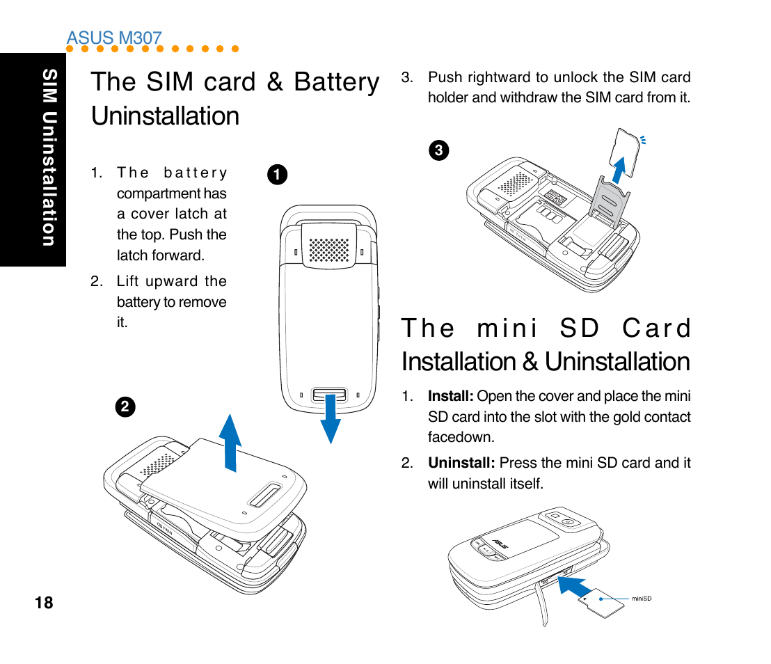 The sim card & battery uninstallation, Sim uninstallation, Asus m307 | Asus M307 User Manual | Page 18 / 78