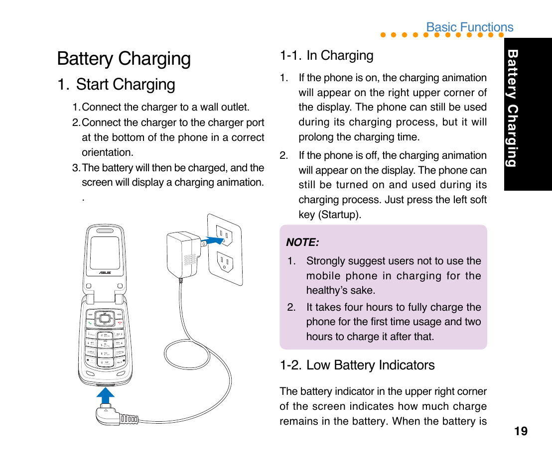 Battery charging, Start charging, 1. in charging | 2. low battery indicators, Basic functions | Asus M307 User Manual | Page 19 / 78