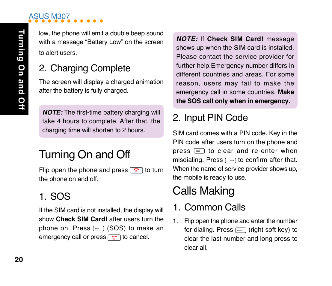 Turning on and off, Calls making, Common calls | Input pin code 2. charging complete | Asus M307 User Manual | Page 20 / 78