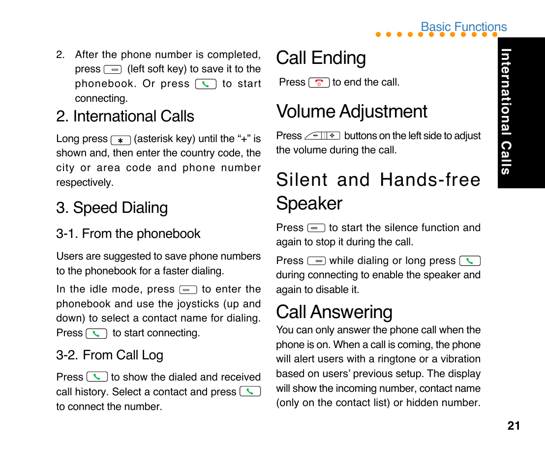 Call ending, Volume adjustment, Silent and hands-free speaker | Call answering, International calls, Speed dialing | Asus M307 User Manual | Page 21 / 78