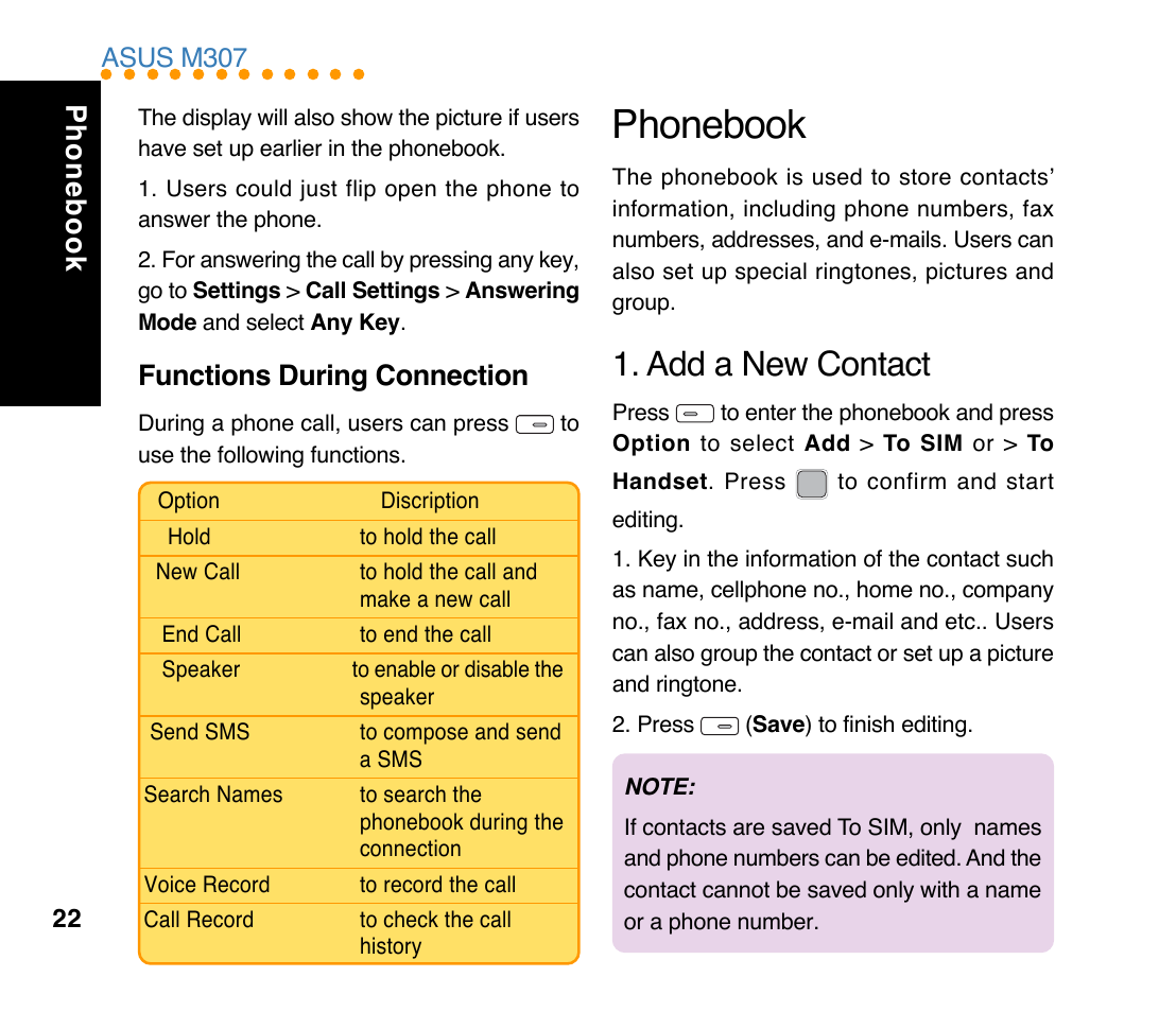 Add a new contact, Phonebook, Functions during connection | Asus M307 User Manual | Page 22 / 78