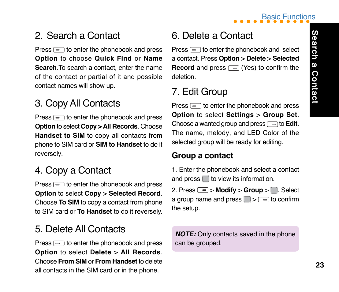 Search a contact, Copy all contacts, Delete all contacts | Copy a contact, Delete a contact, Edit group, Group a contact | Asus M307 User Manual | Page 23 / 78