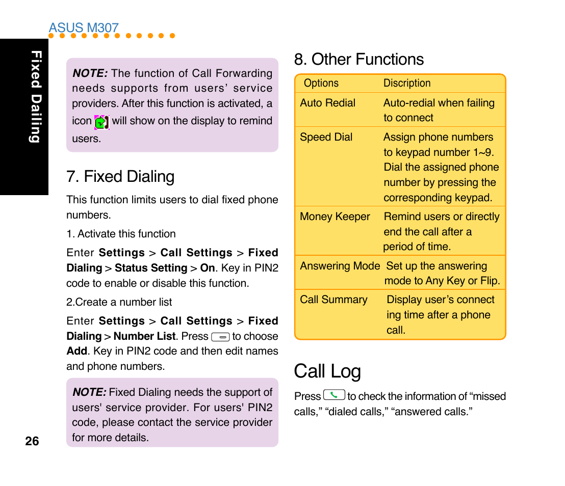 Call log, Fixed dialing, Other functions | Fixed dailing | Asus M307 User Manual | Page 26 / 78