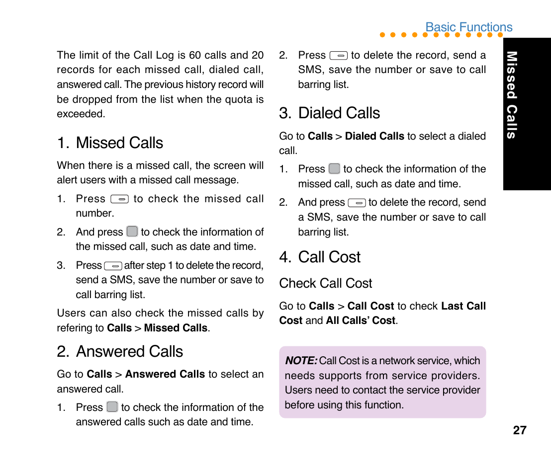 Missed calls, Answered calls, Dialed calls | Call cost, Check call cost | Asus M307 User Manual | Page 27 / 78